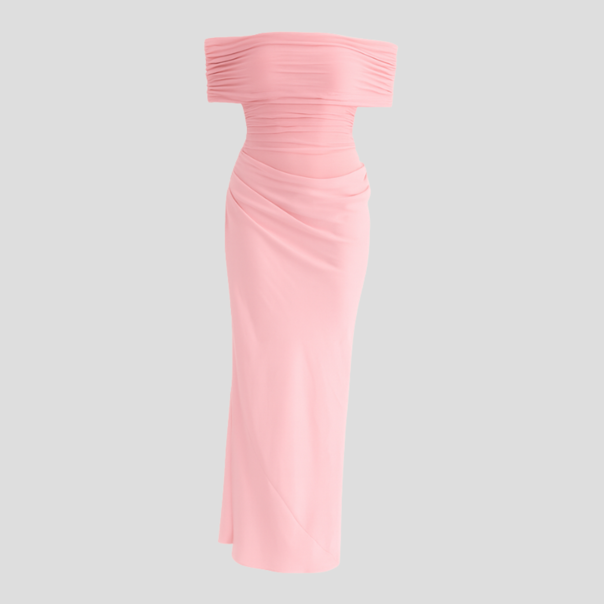 Off-shoulder draped maxi dress with sheer upper detailing for occasion wear