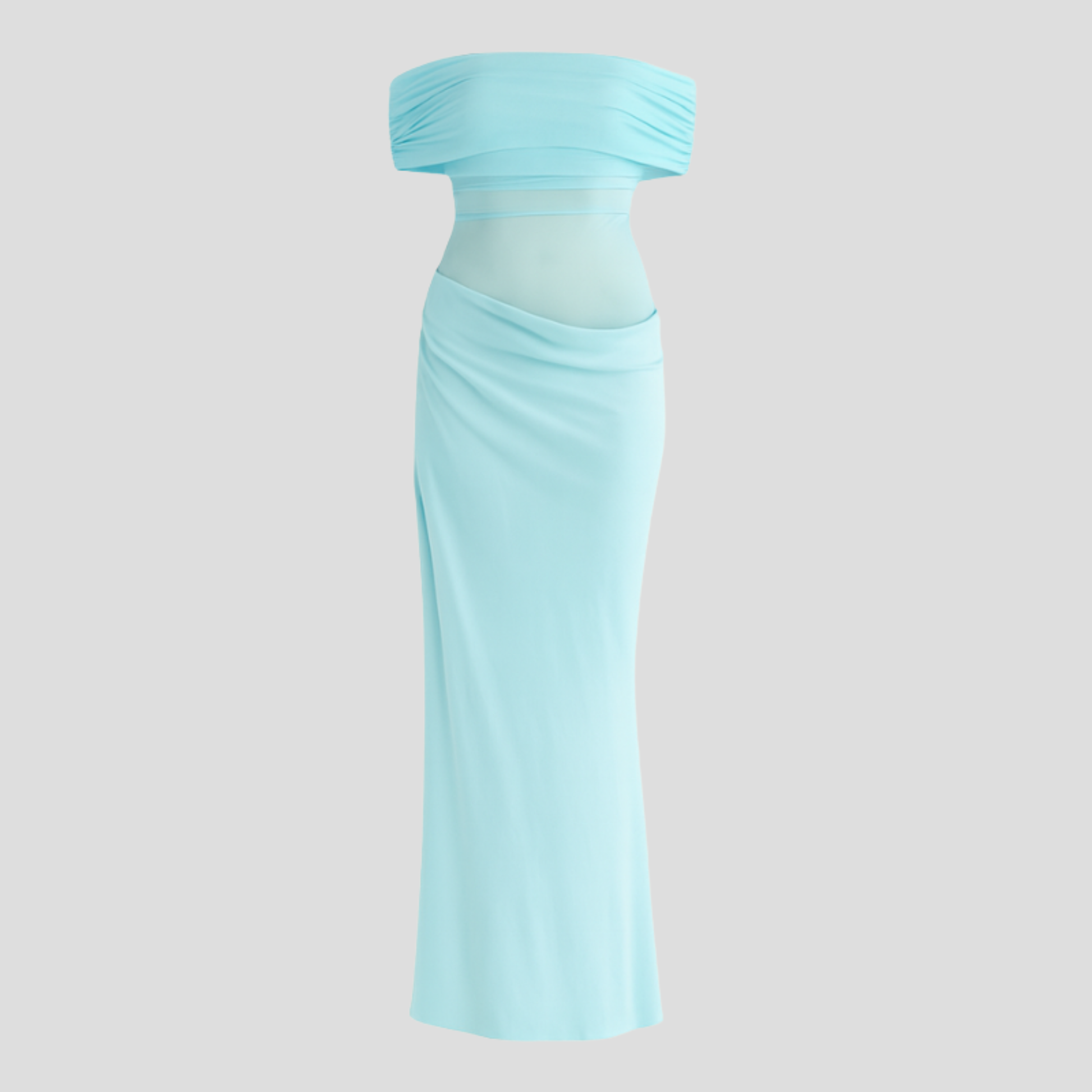 Off-shoulder draped maxi dress with sheer upper detailing for occasion wear