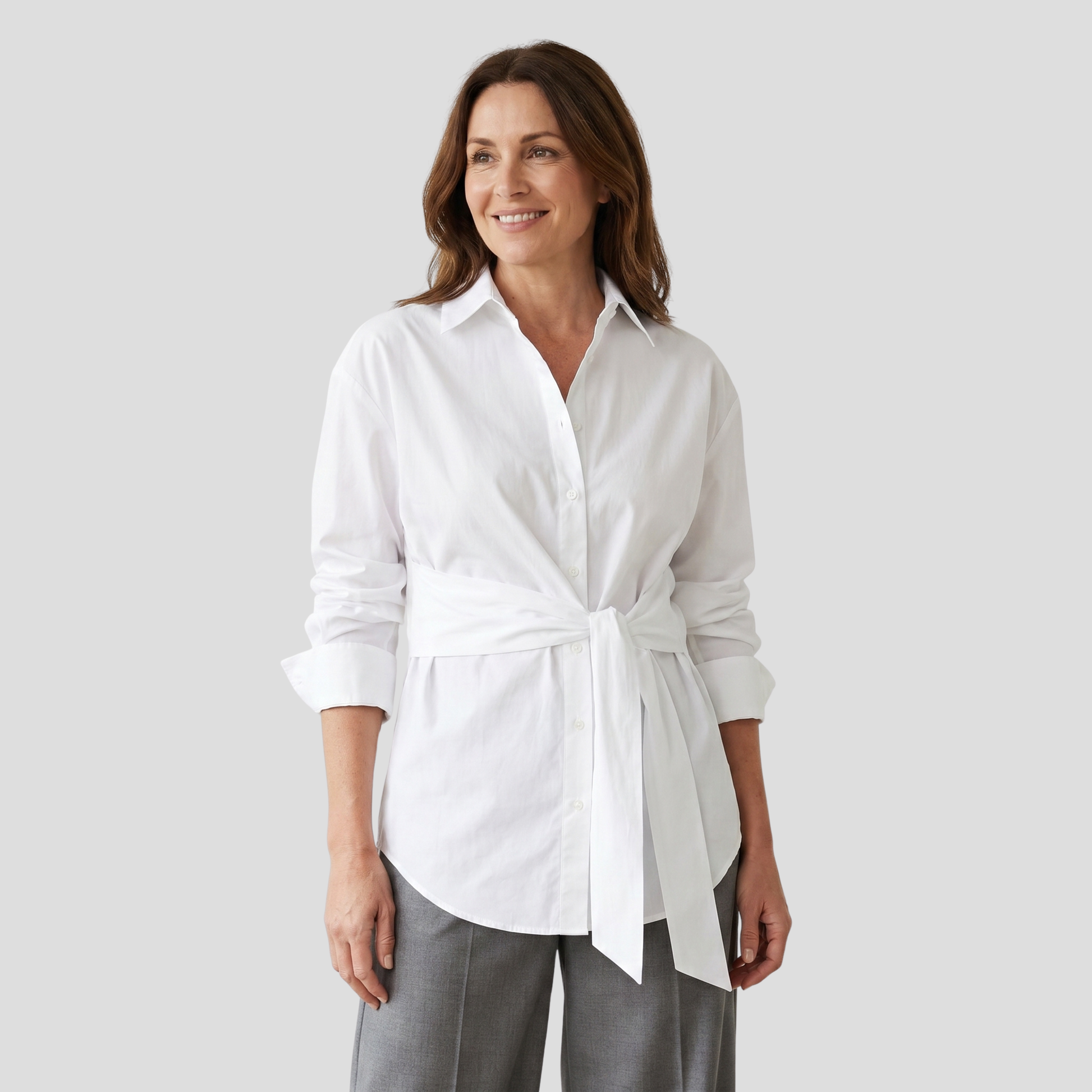 Women's white longline shirt top with collar neckline and waist-tie detail