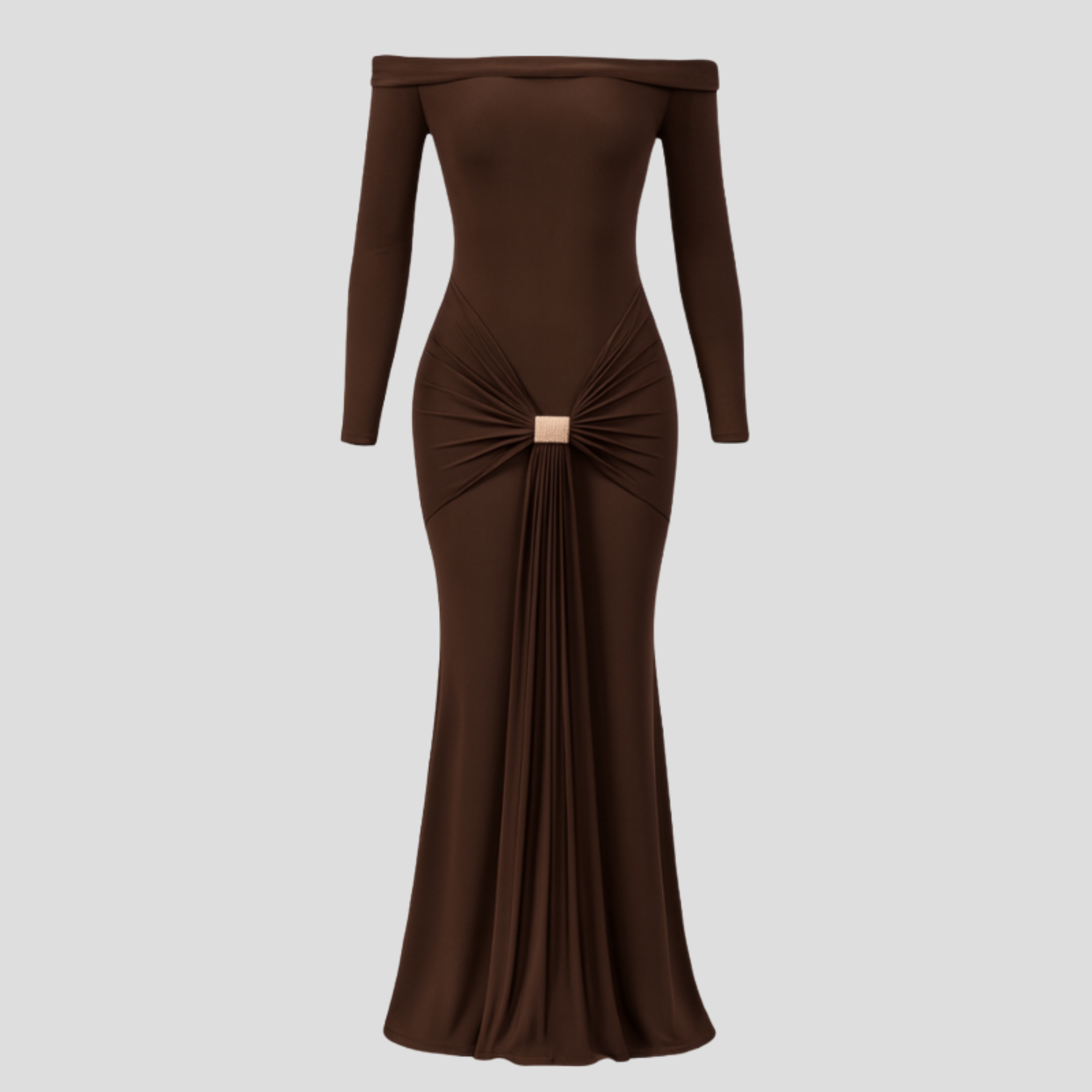 Women's off-shoulder long-sleeve maxi dress with front detail in black, brown and red