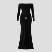 Women's off-shoulder long-sleeve maxi dress with front detail in black, brown and red