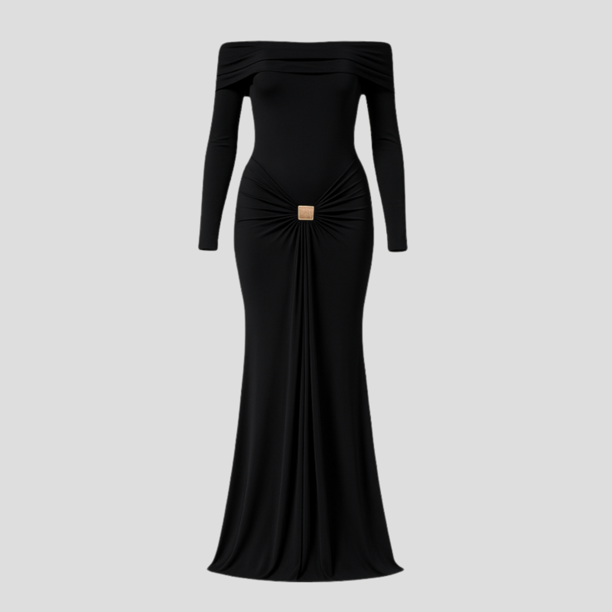 Women's off-shoulder long-sleeve maxi dress with front detail in black, brown and red