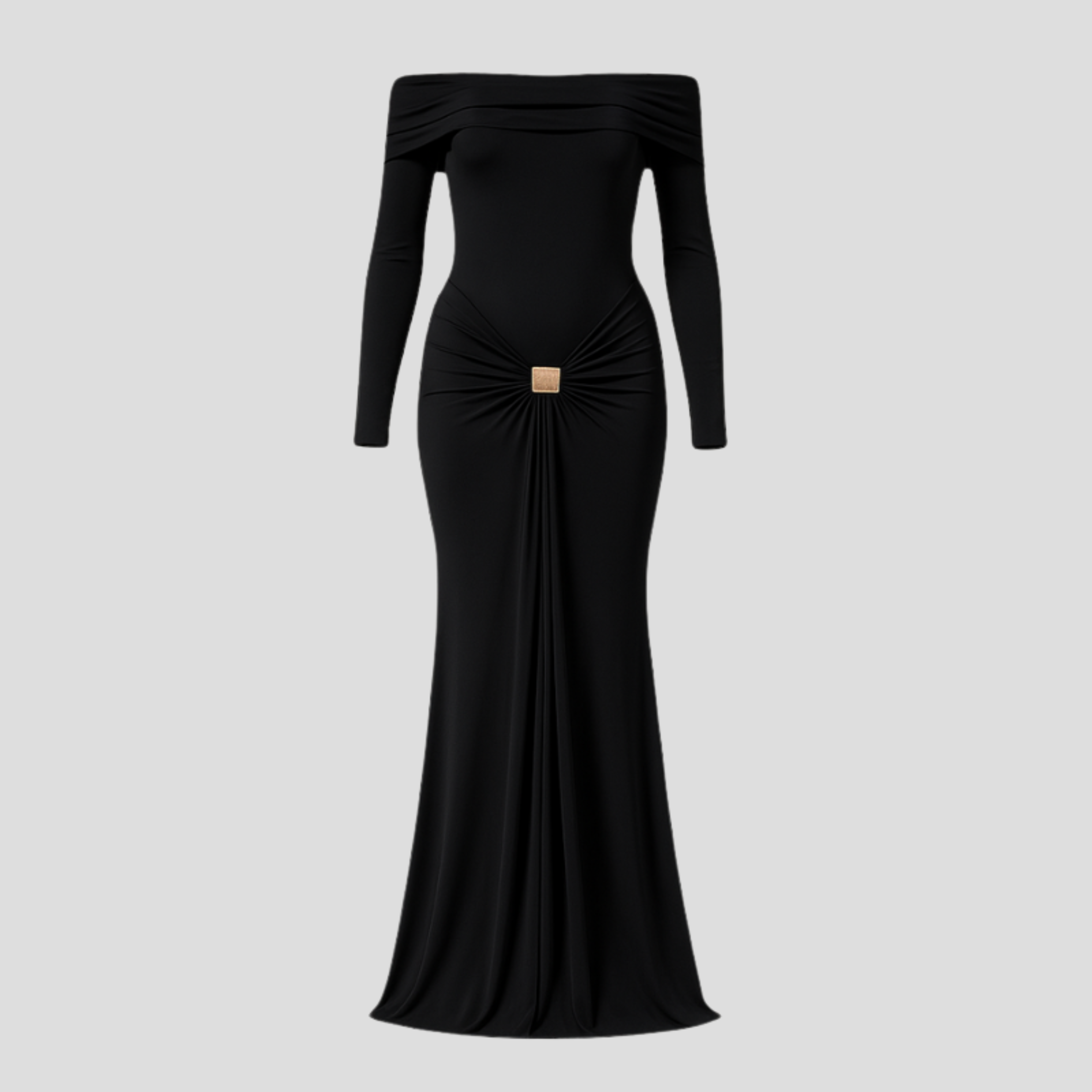Women's off-shoulder long-sleeve maxi dress with front detail in black, brown and red