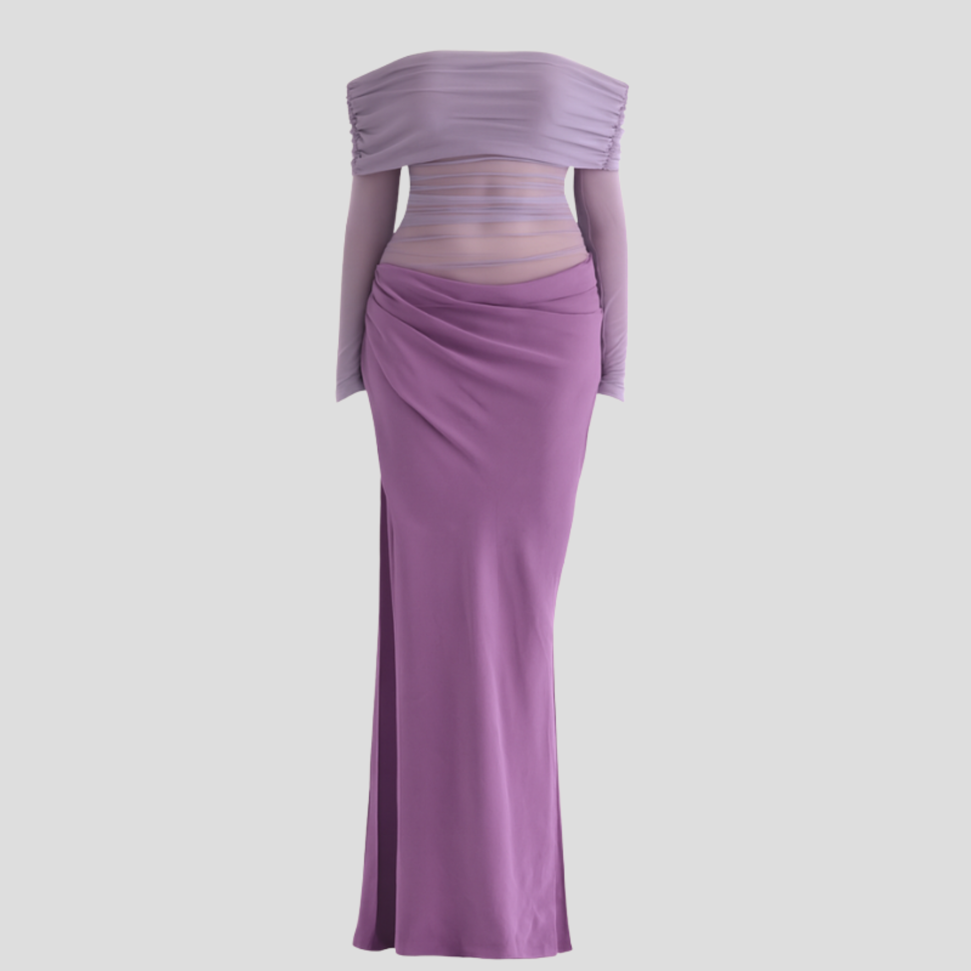 Women's off-shoulder maxi dress with draped neckline and sheer upper detailing
