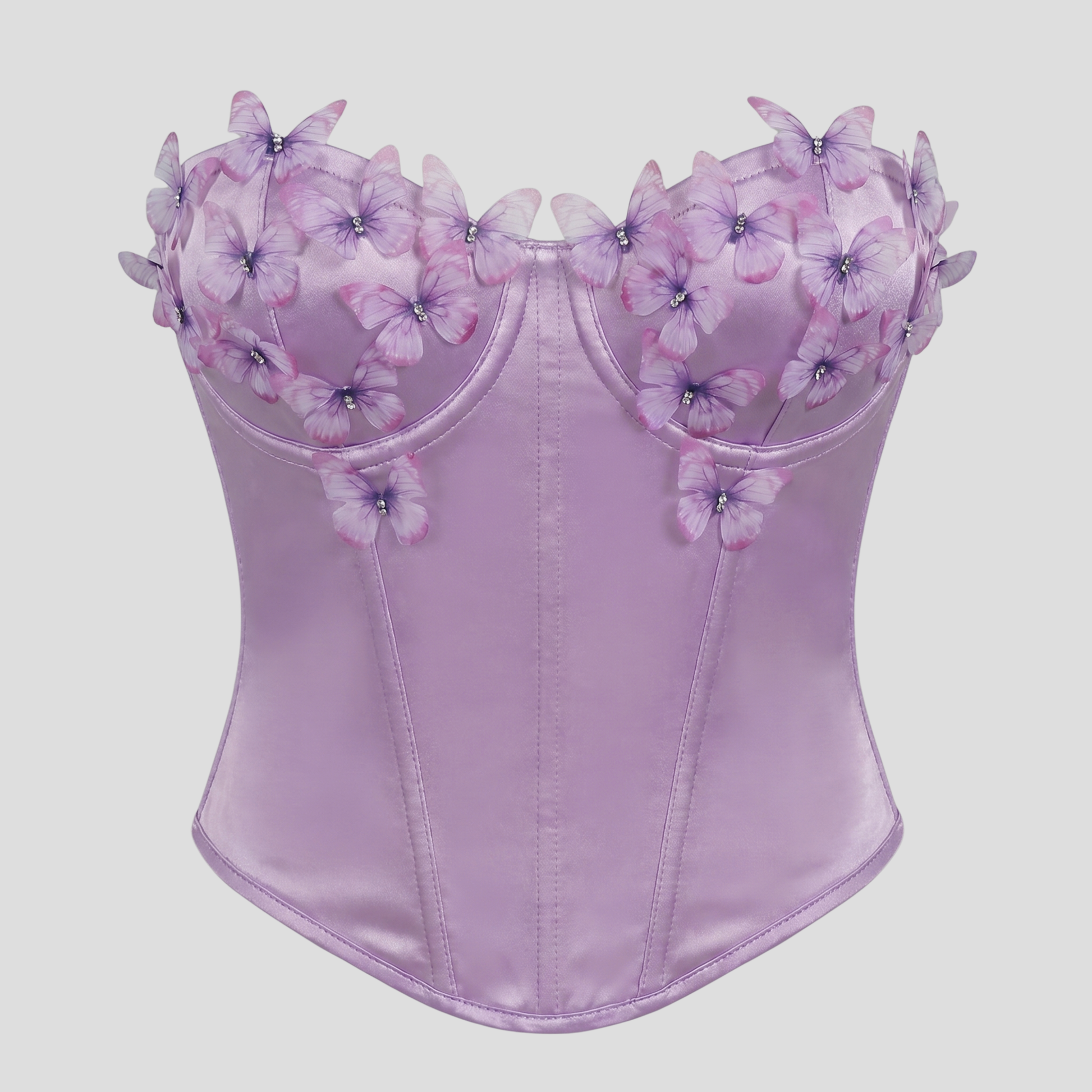 Strapless corset-style top with sweetheart neckline and 3D floral appliqué detail