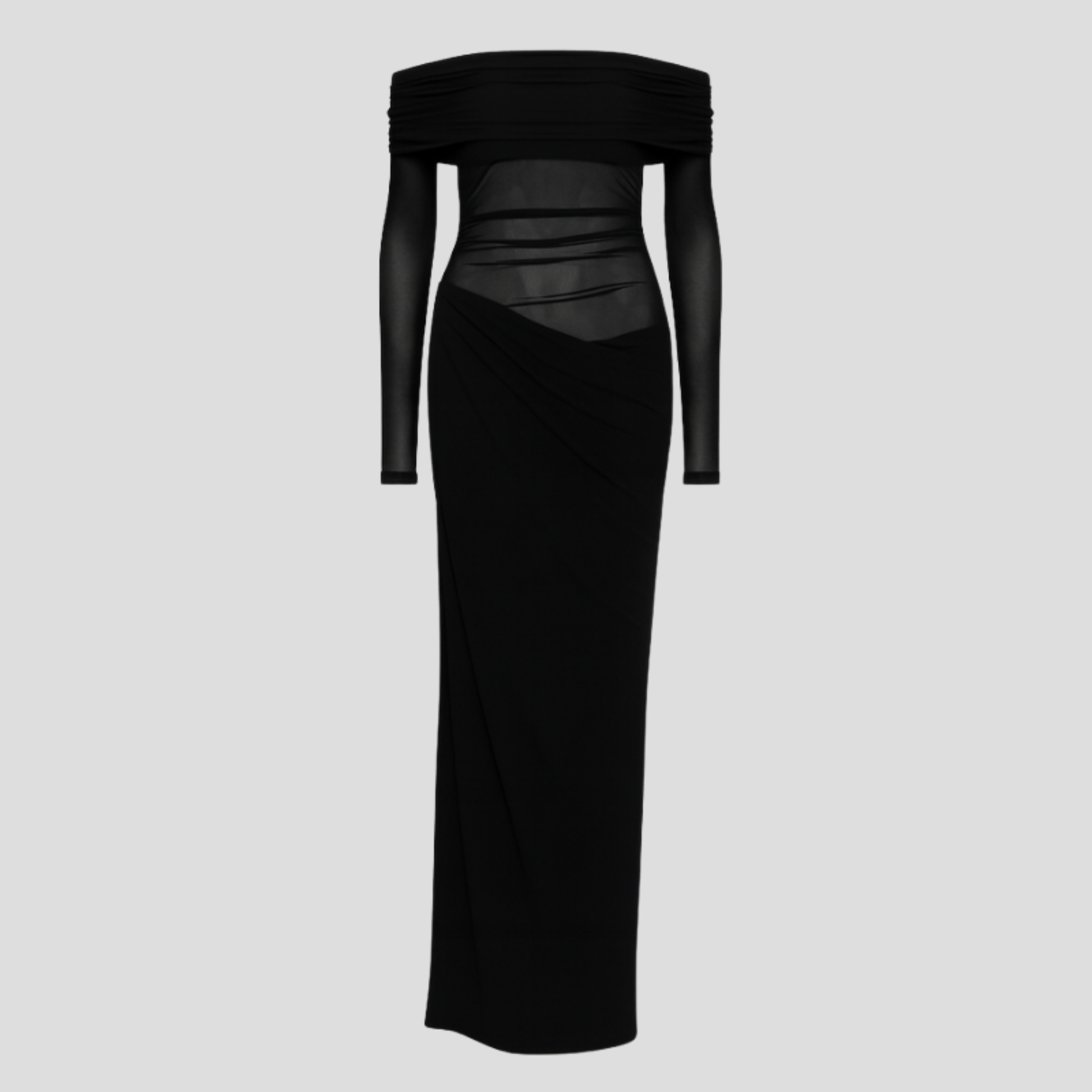 Women's off-shoulder maxi dress with draped neckline and sheer upper detailing