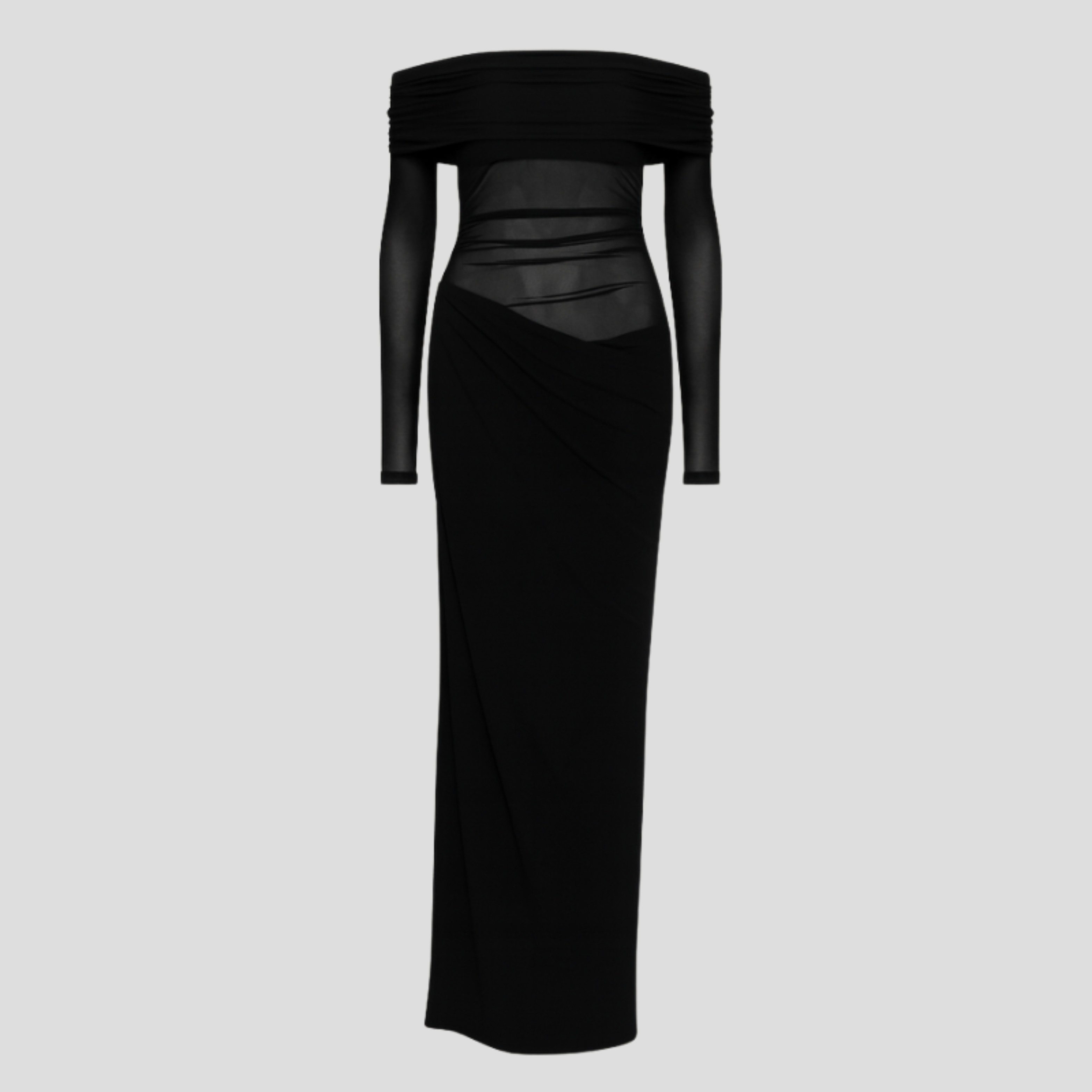 Women's off-shoulder maxi dress with draped neckline and sheer upper detailing