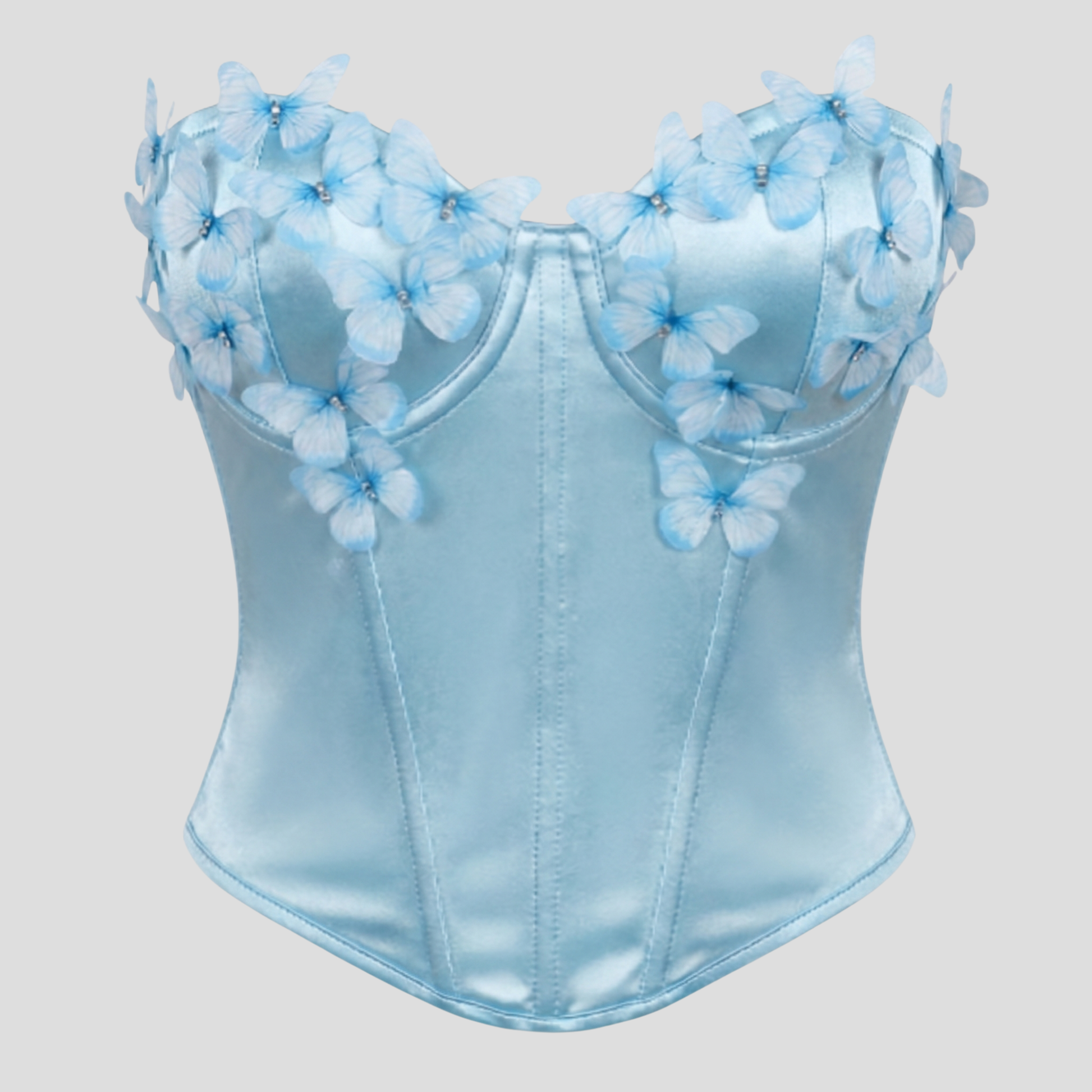 Strapless corset-style top with sweetheart neckline and 3D floral appliqué detail