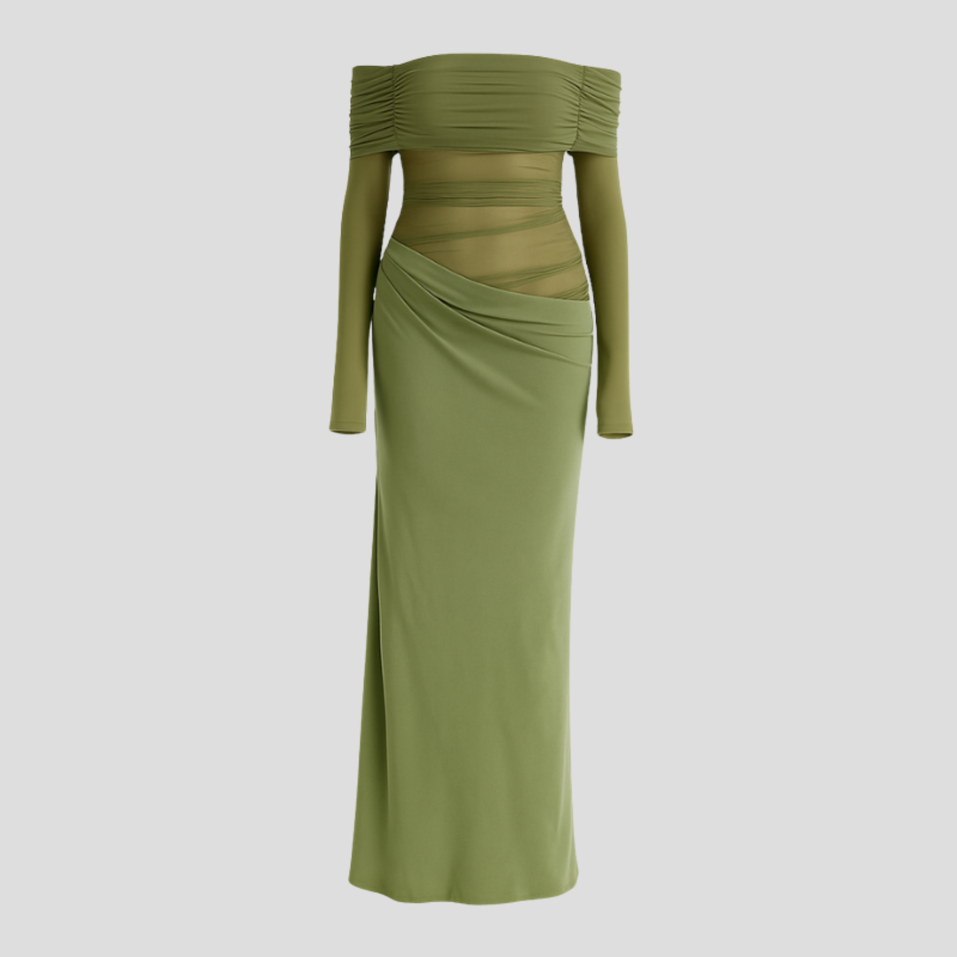 Women's off-shoulder maxi dress with draped neckline and sheer upper detailing