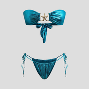 Women's bandeau bikini set with starfish charm and side ties in blue, purple, and blue green