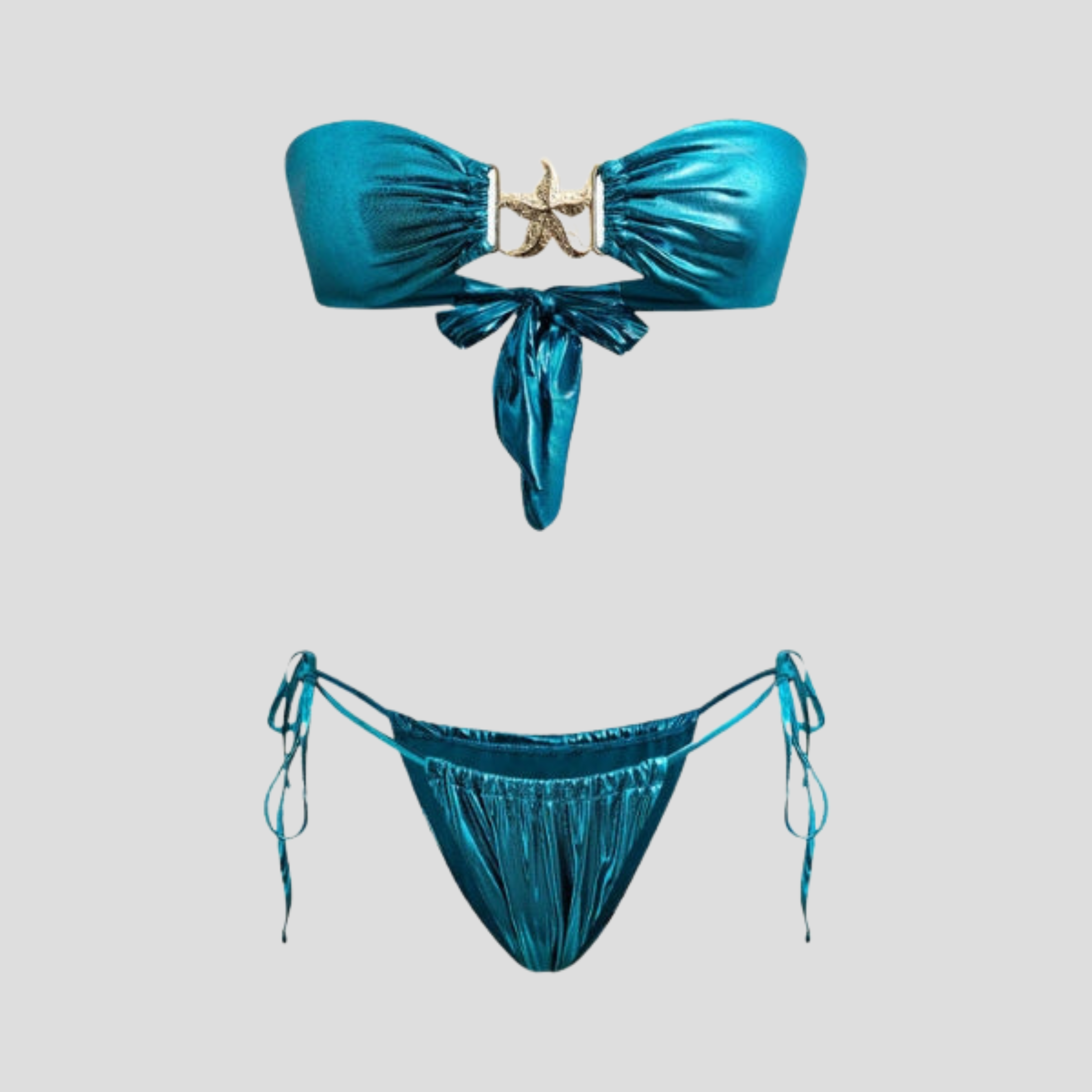Women's bandeau bikini set with starfish charm and side ties in blue, purple, and blue green