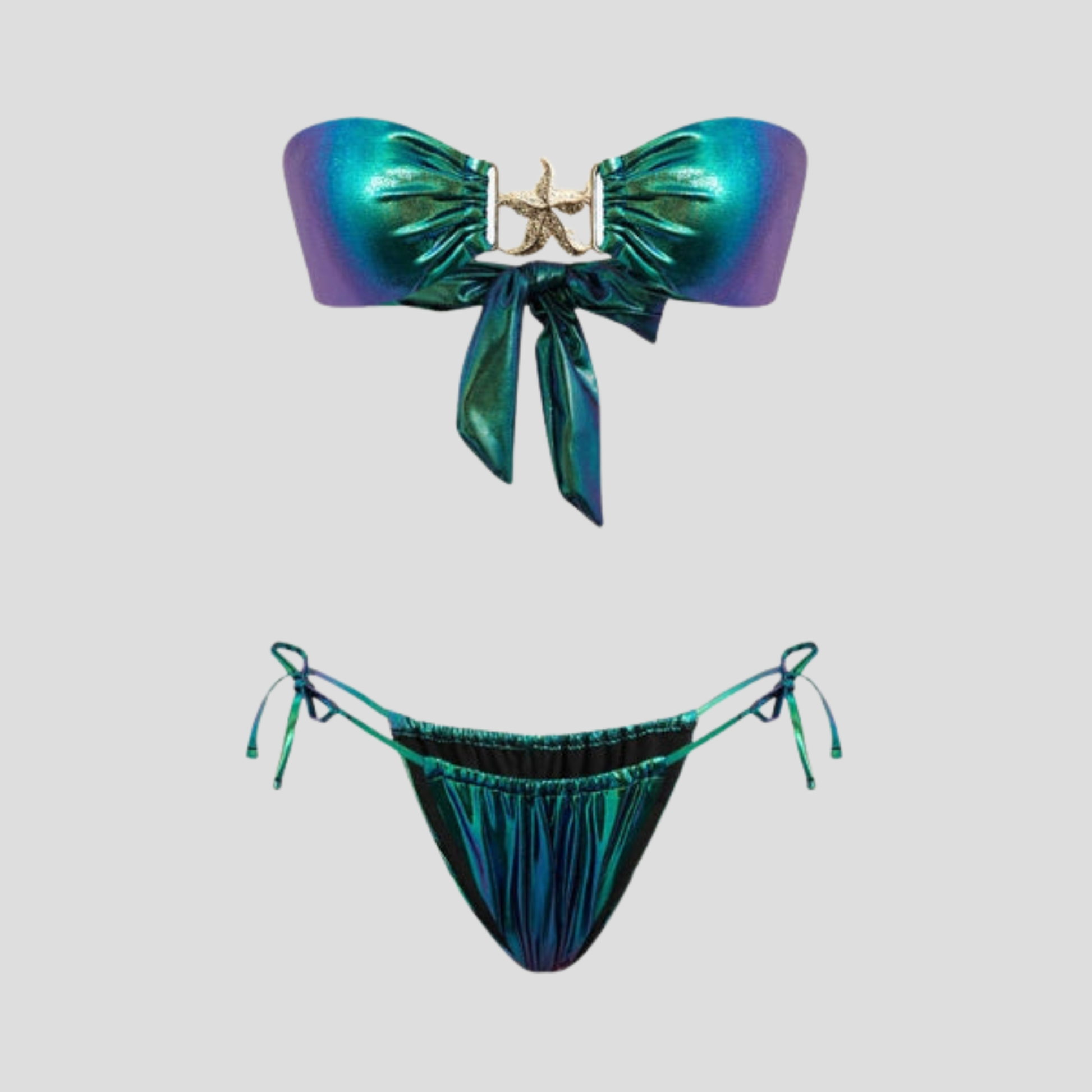 Women's bandeau bikini set with starfish charm and side ties in blue, purple, and blue green