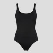 Women's scoop neck one-piece swimsuit with open-back detail in black