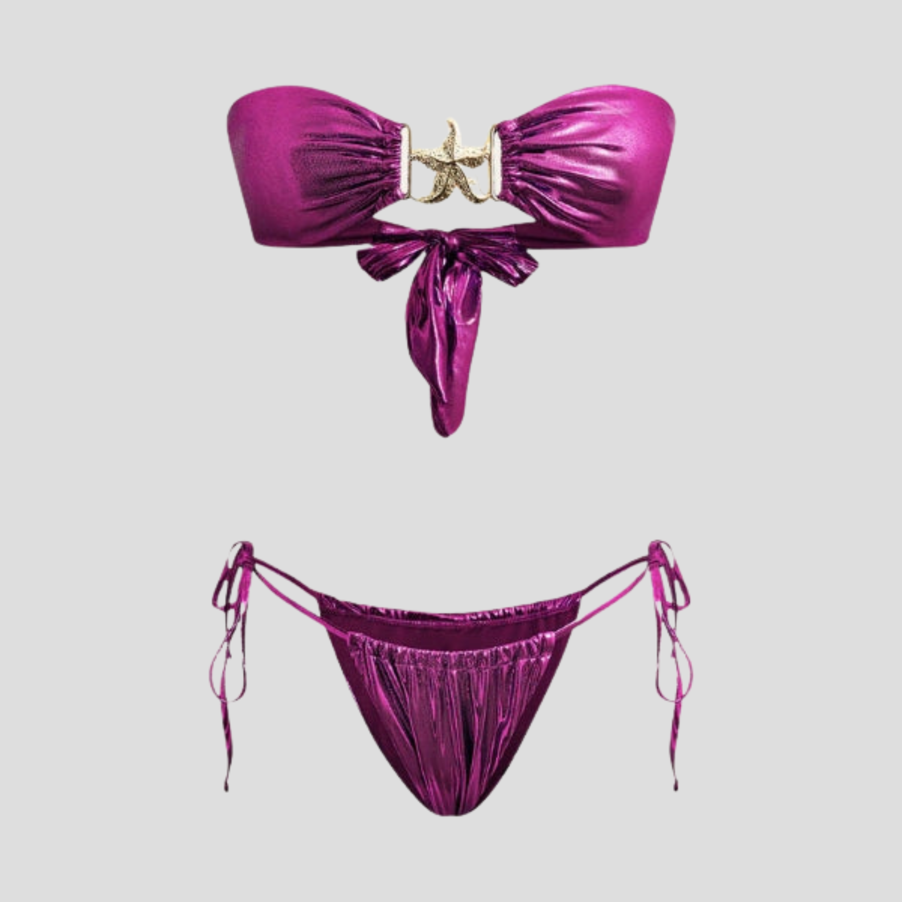 Women's bandeau bikini set with starfish charm and side ties in blue, purple, and blue green