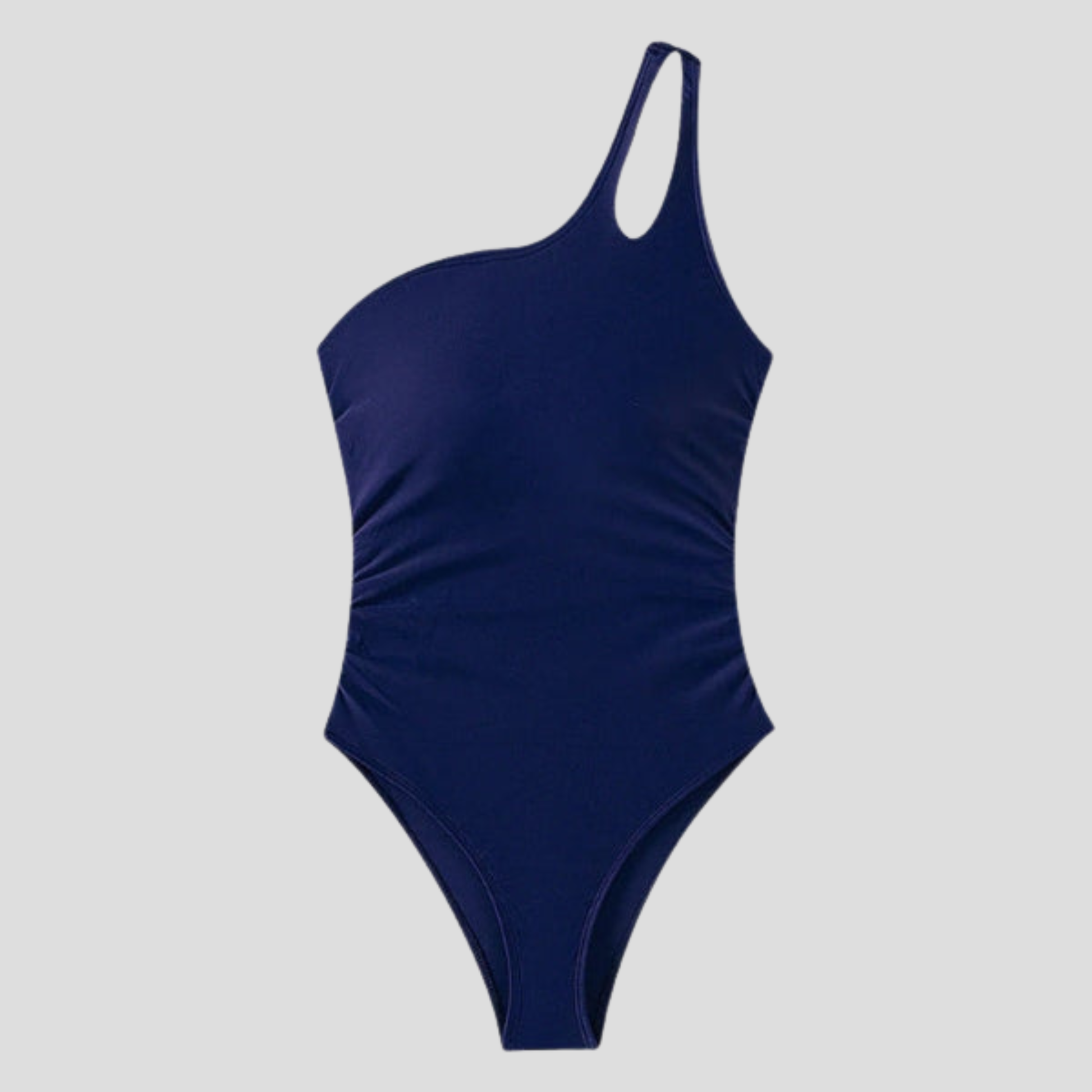Women's one-shoulder one-piece swimsuit with side ruching and asymmetric back strap