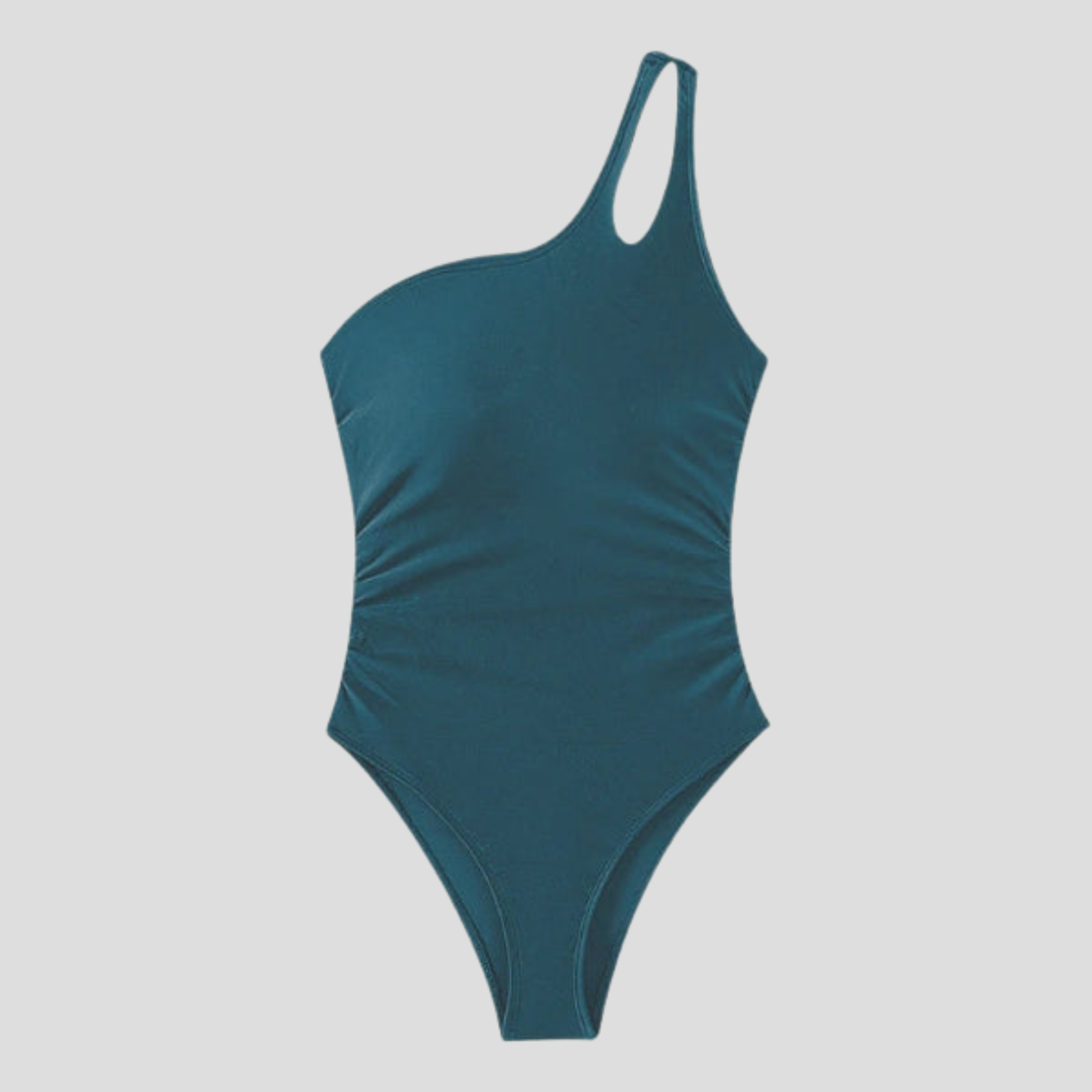 Women's one-shoulder one-piece swimsuit with side ruching and asymmetric back strap