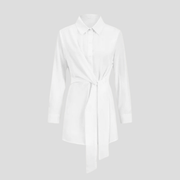 Women's white longline shirt top with collar neckline and waist-tie detail