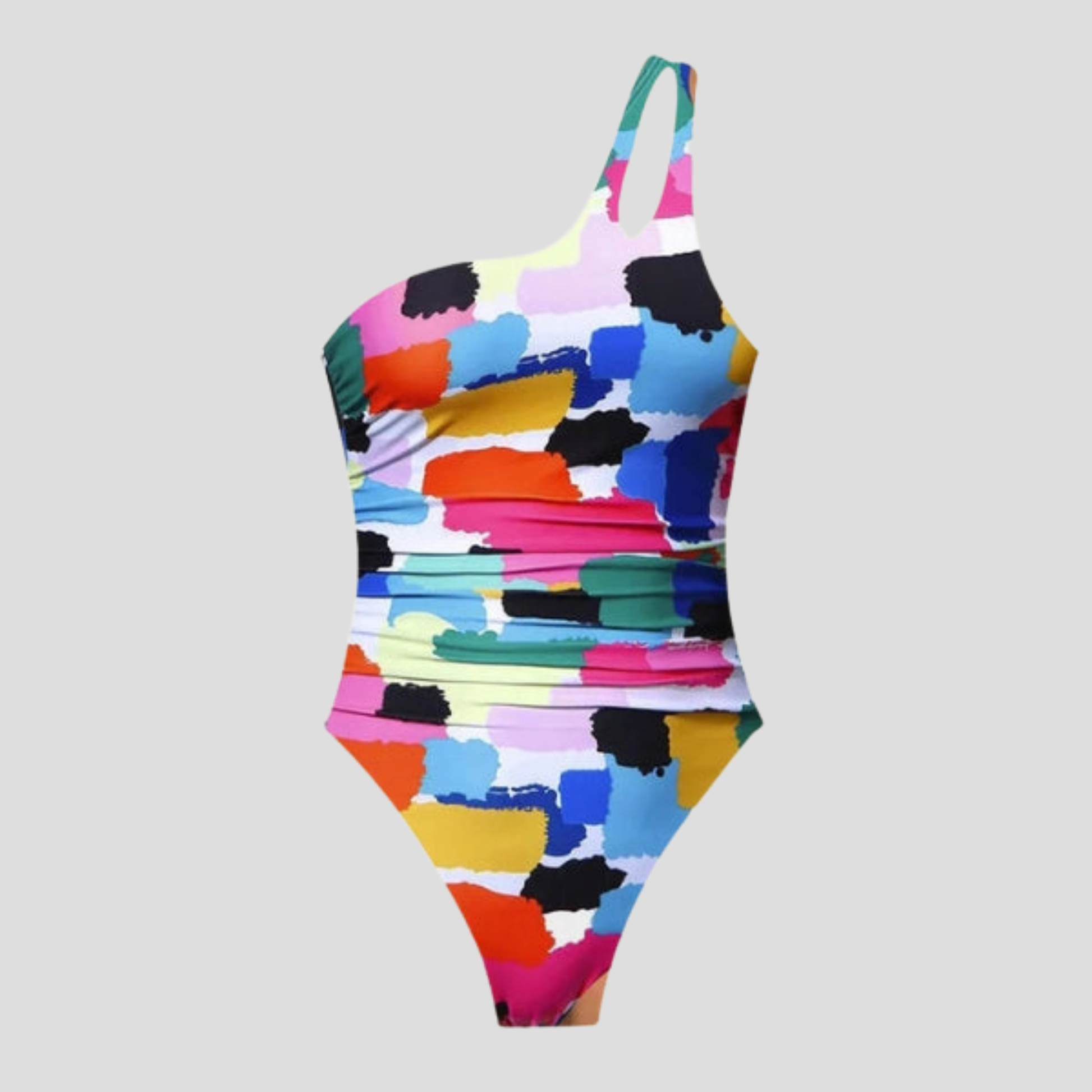Women's one-shoulder one-piece swimsuit with side ruching and asymmetric back strap