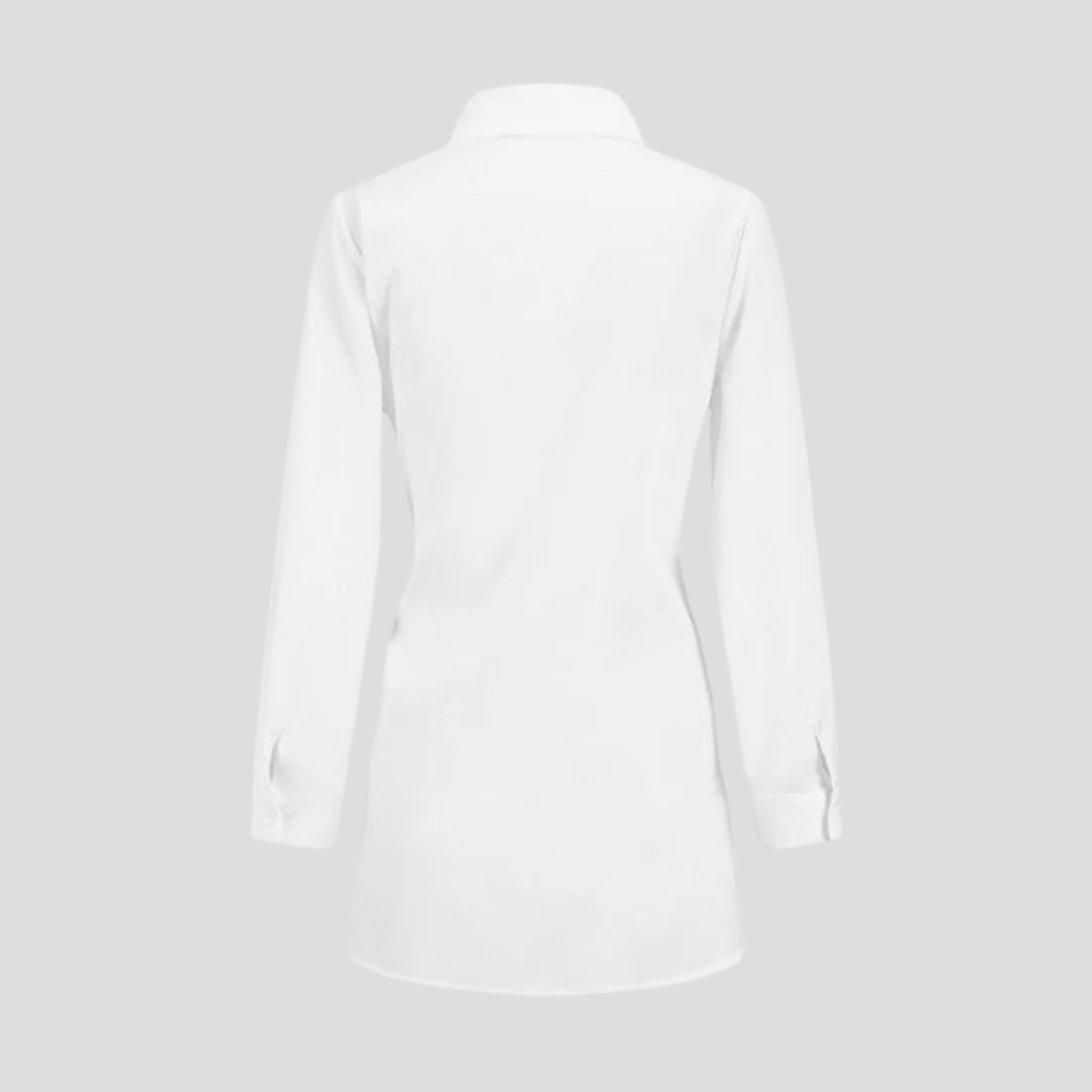 Women's white longline shirt top with collar neckline and waist-tie detail