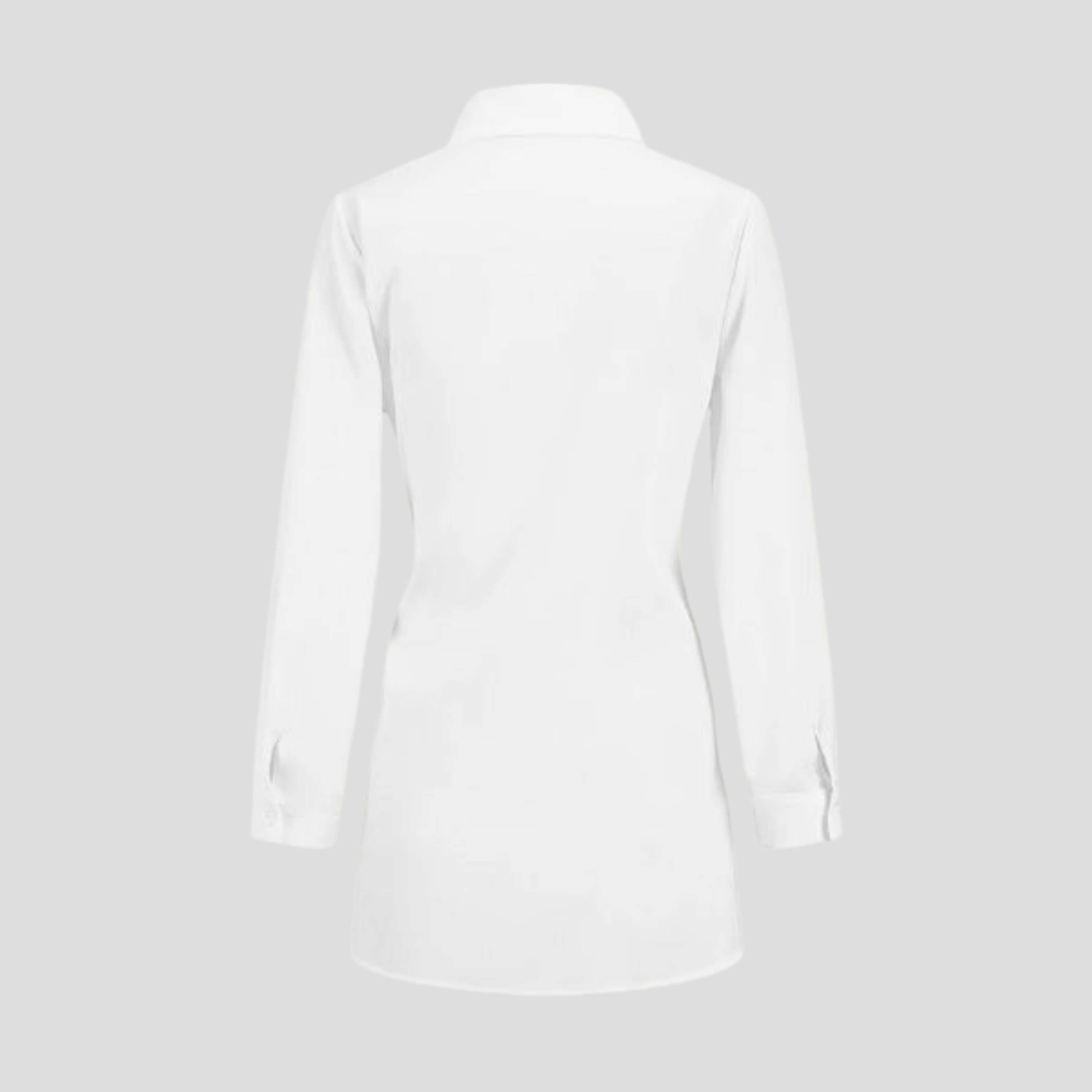 Women's white longline shirt top with collar neckline and waist-tie detail