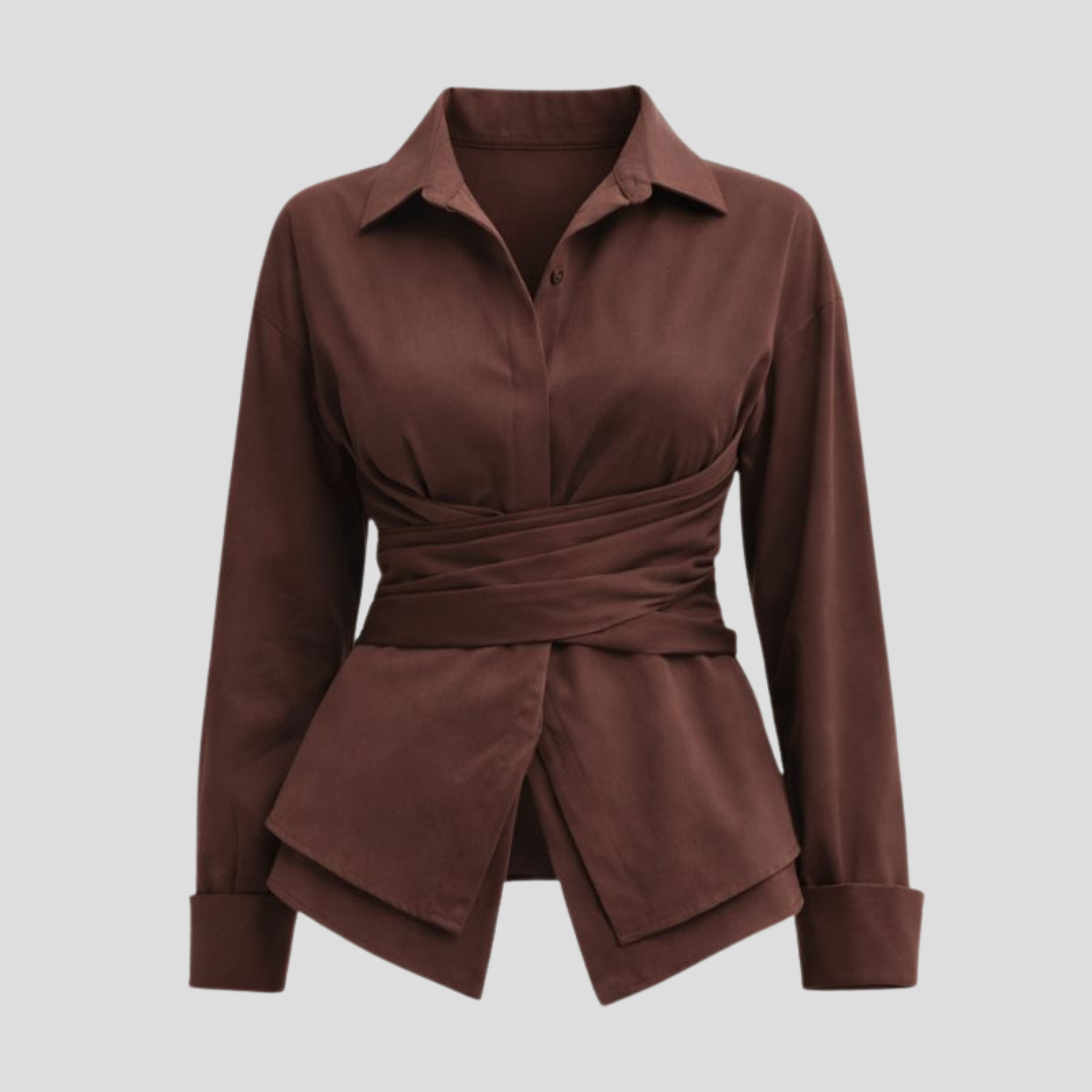 Brown long-sleeve wrap-tie shirt with open collar and layered peplum hem