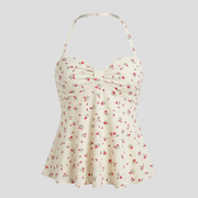 Women's multicolor floral halter top with tiered ruffled peplum silhouette and adjustable tie