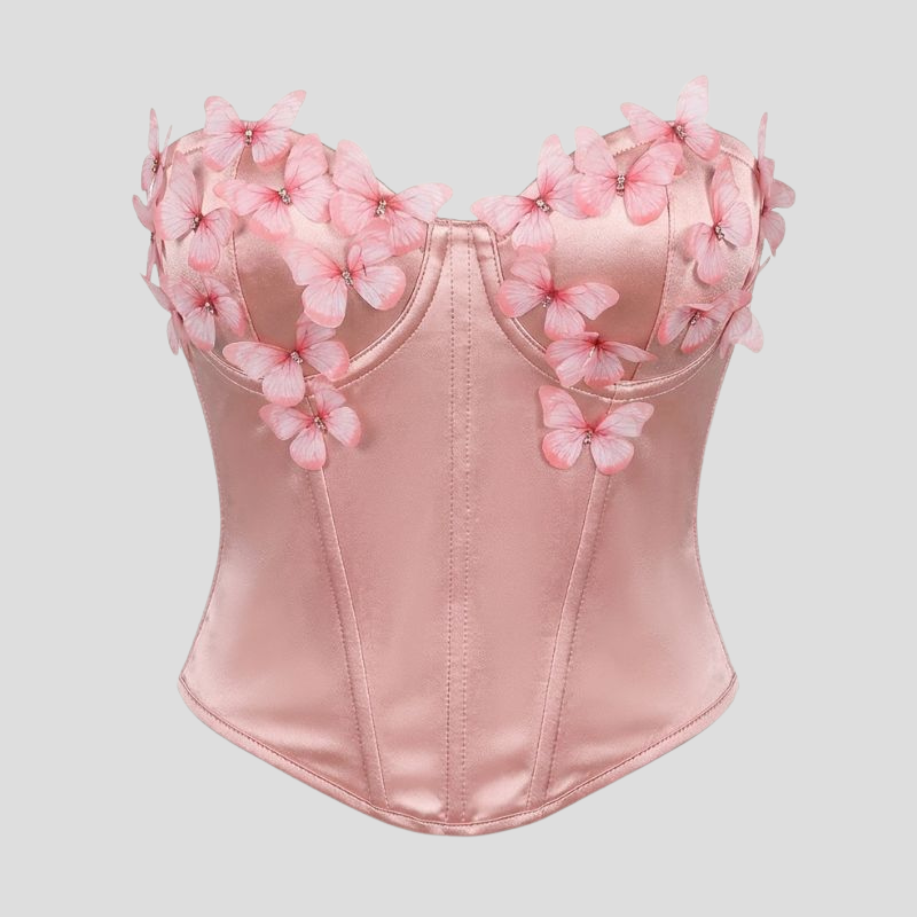 Strapless corset-style top with sweetheart neckline and 3D floral appliqué detail