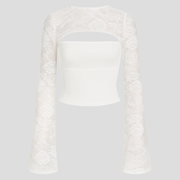 Women's long-sleeve top with cut-out neckline and lace-detailed sleeves