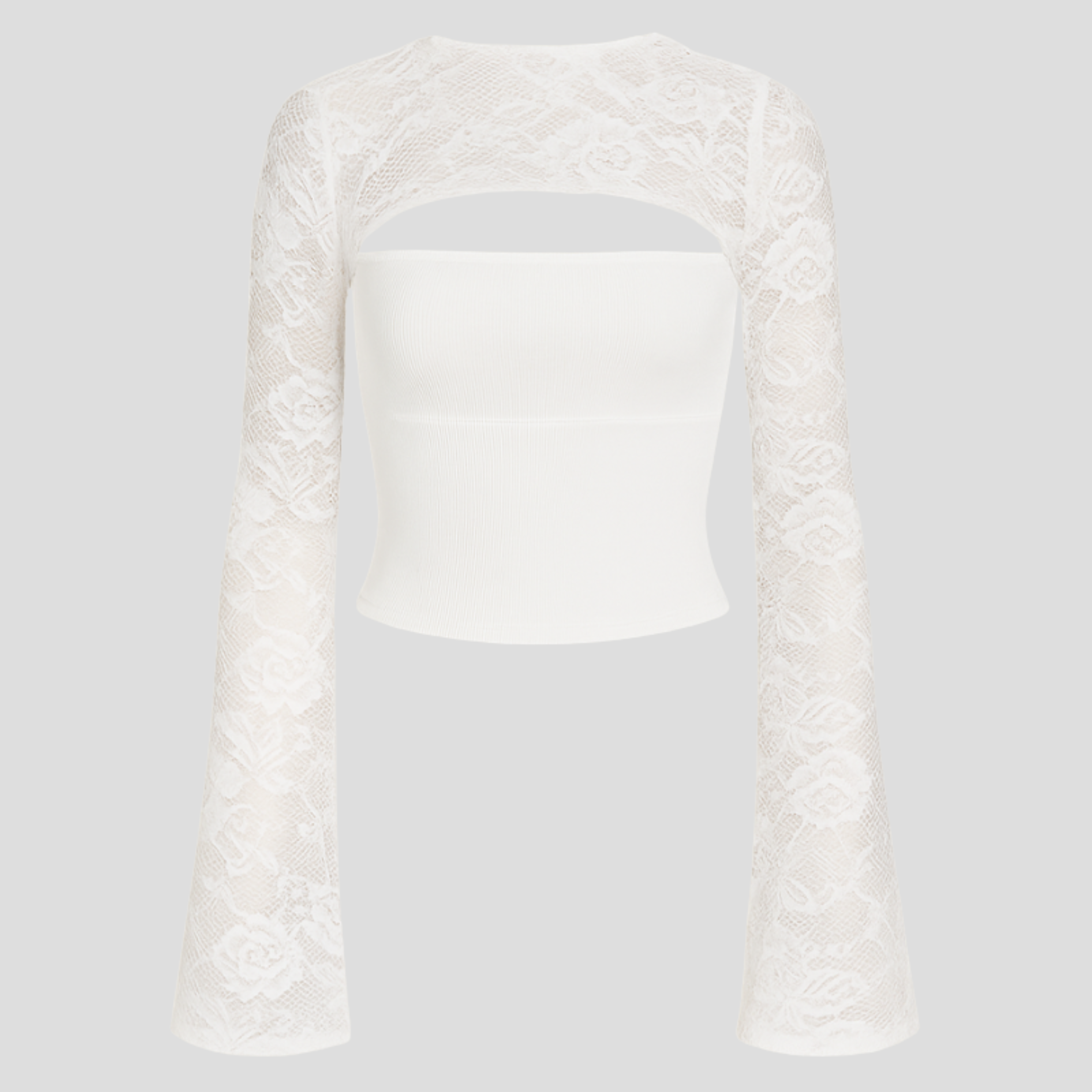 Women's long-sleeve top with cut-out neckline and lace-detailed sleeves