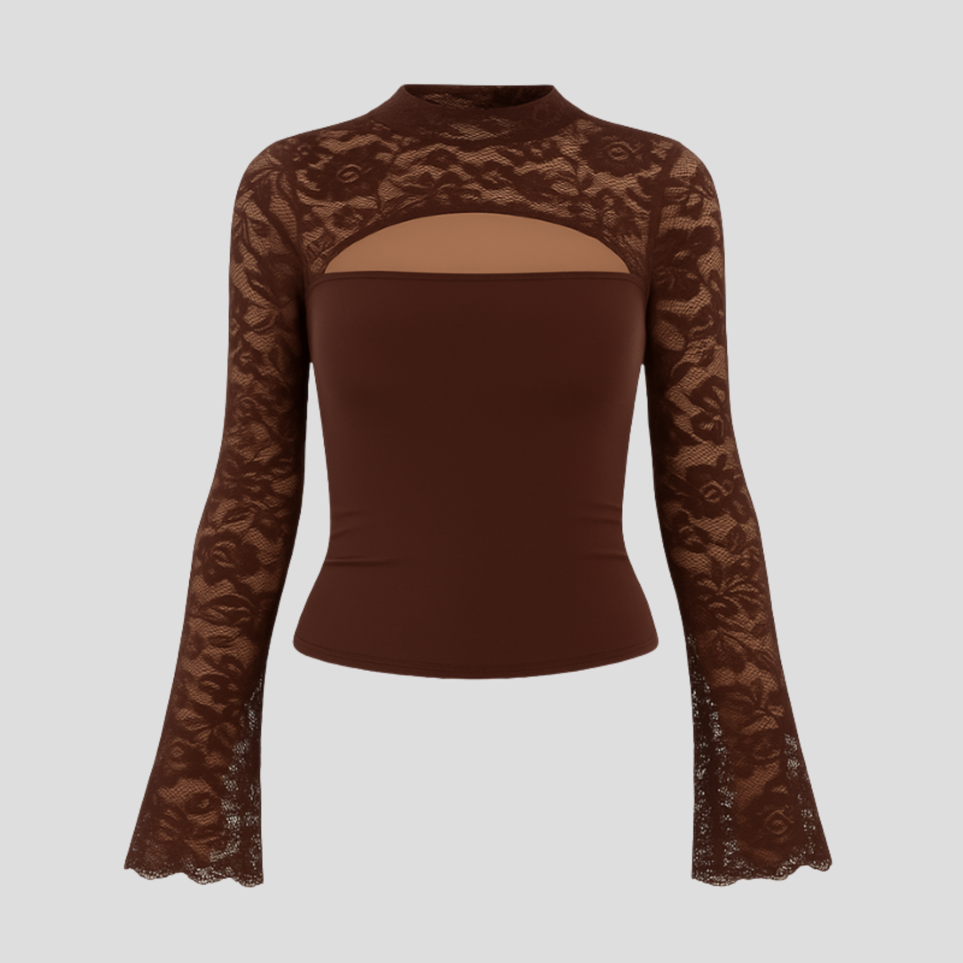 Women's long-sleeve top with cut-out neckline and lace-detailed sleeves