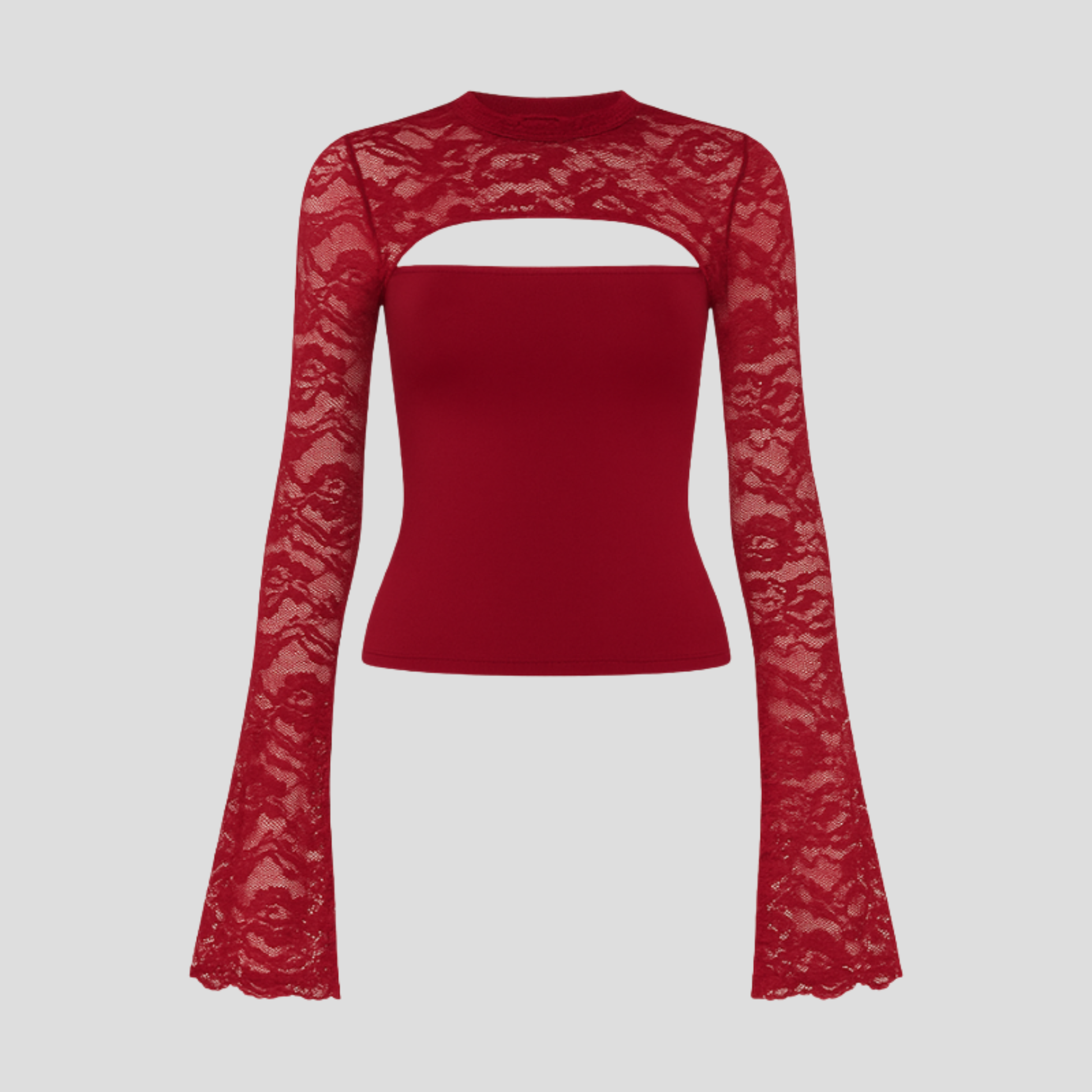 Women's long-sleeve top with cut-out neckline and lace-detailed sleeves
