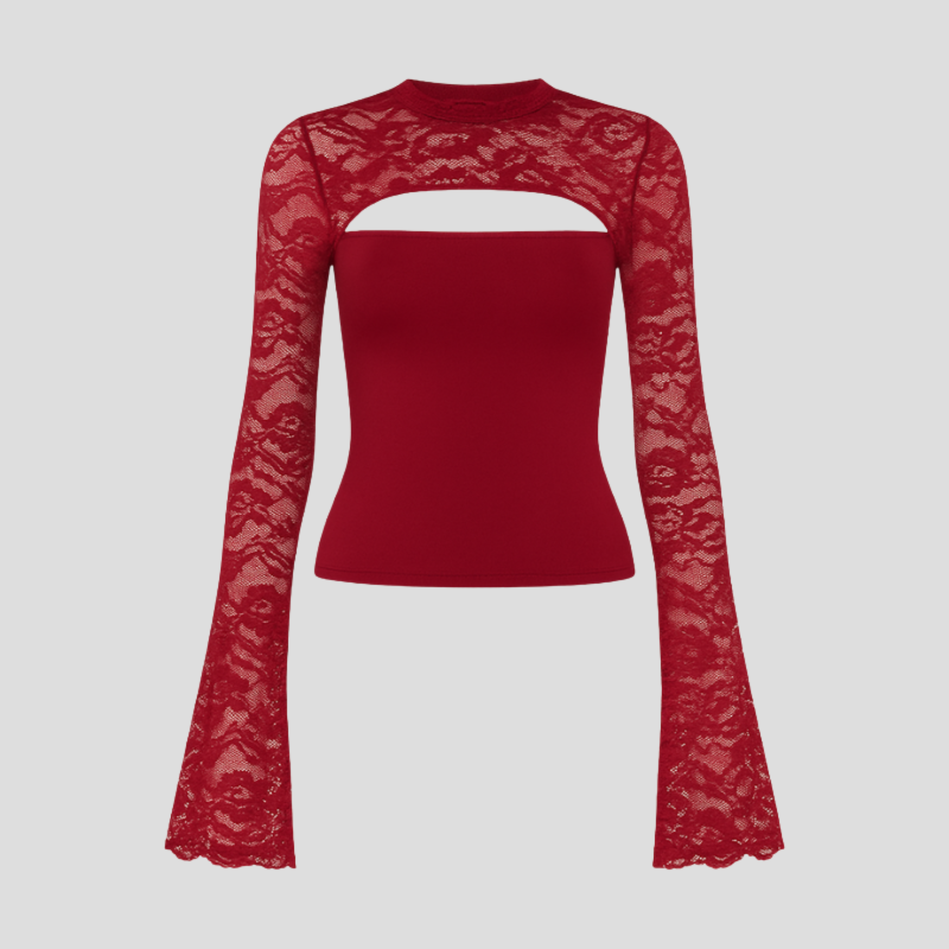Women's long-sleeve top with cut-out neckline and lace-detailed sleeves