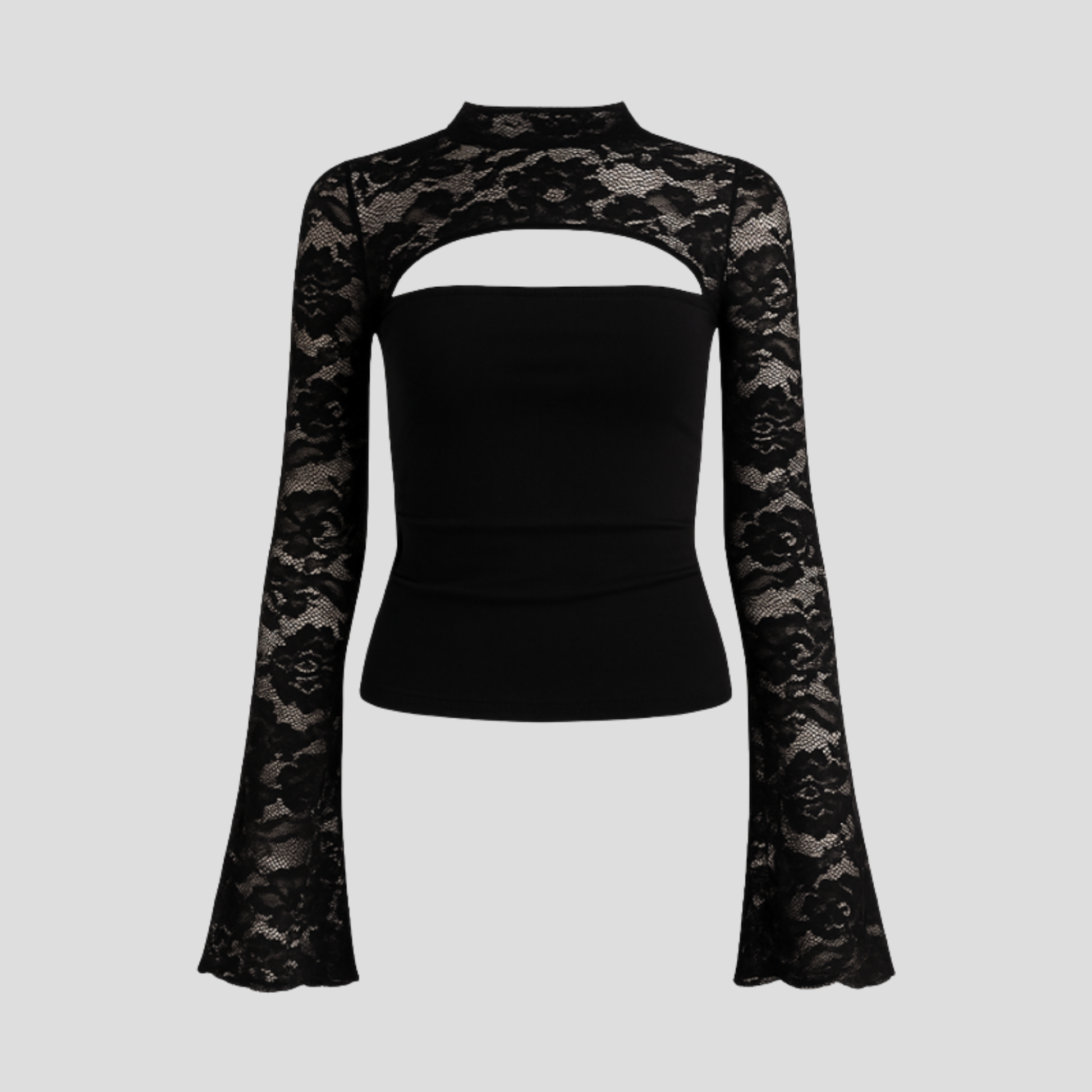 Women's long-sleeve top with cut-out neckline and lace-detailed sleeves