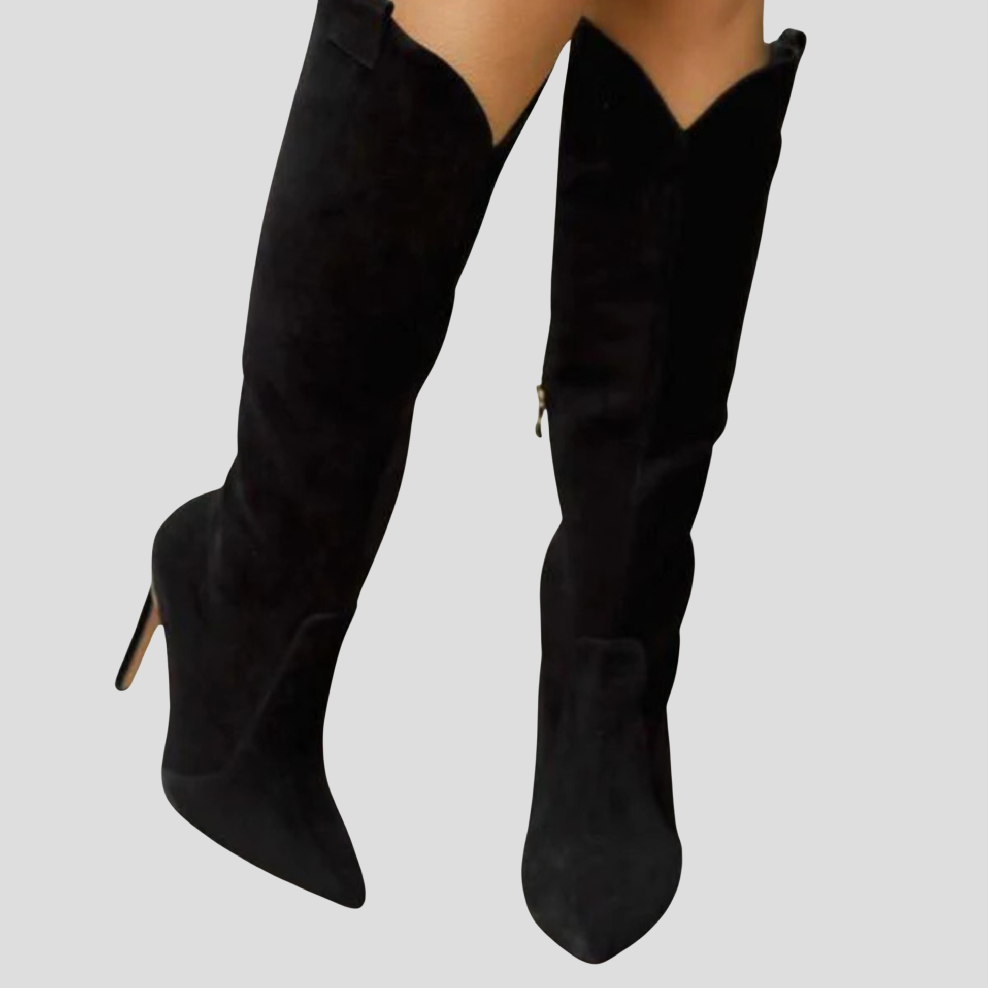 Knee-high pointed-toe women's boots with a slim heel and clean vertical silhouette