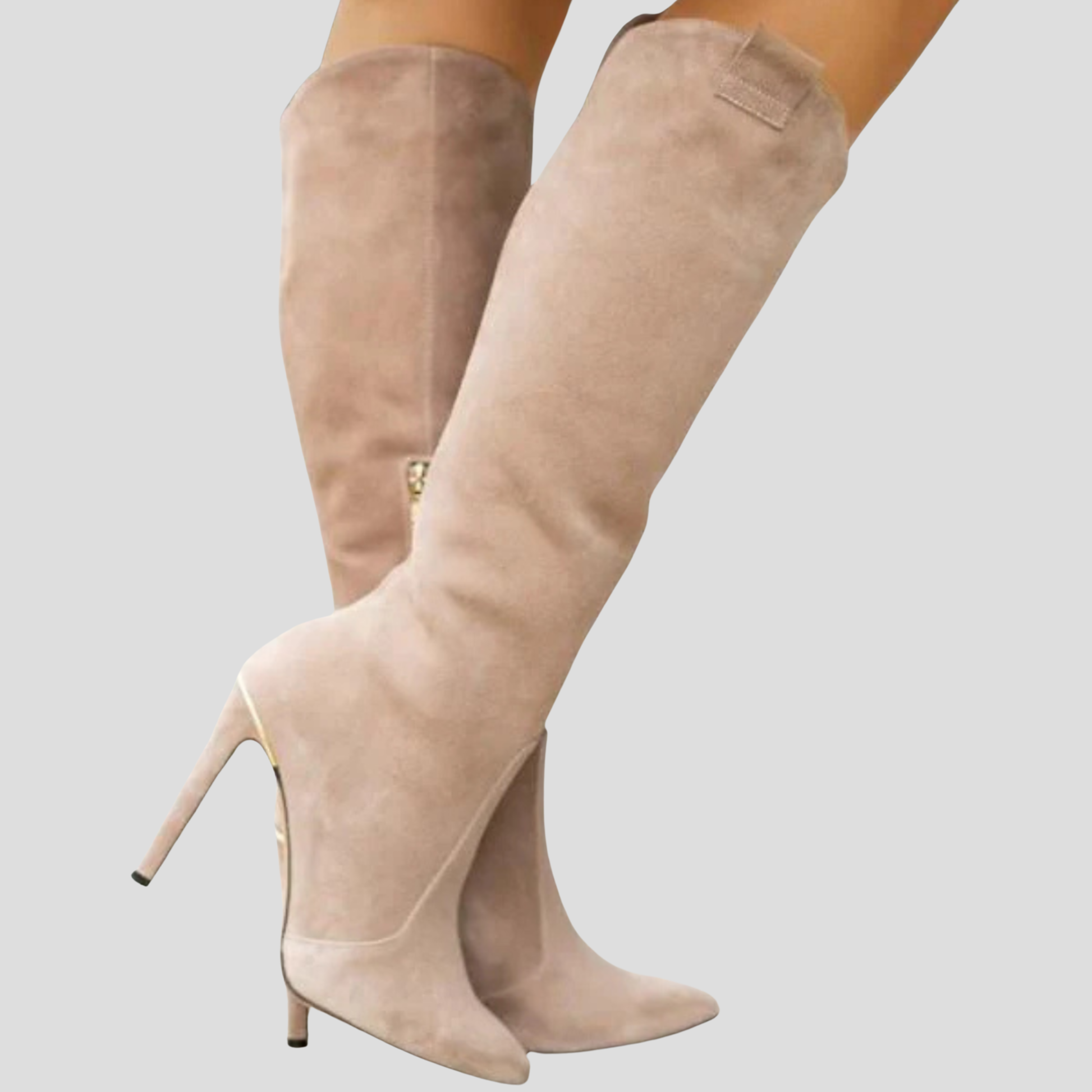 Knee-high pointed-toe women's boots with a slim heel and clean vertical silhouette