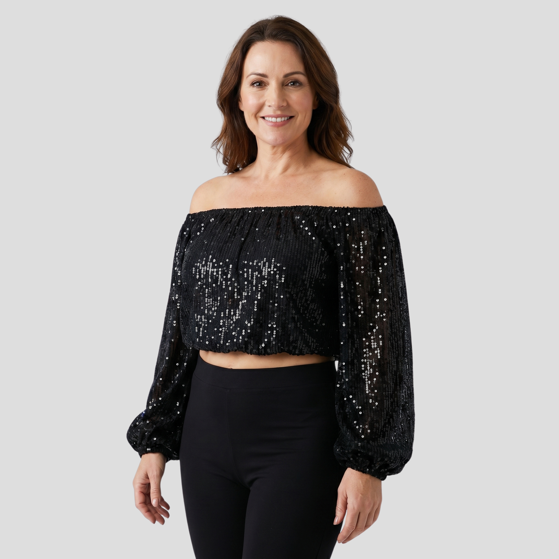 Women's off-shoulder sequin blouse with gathered neckline in black and gold