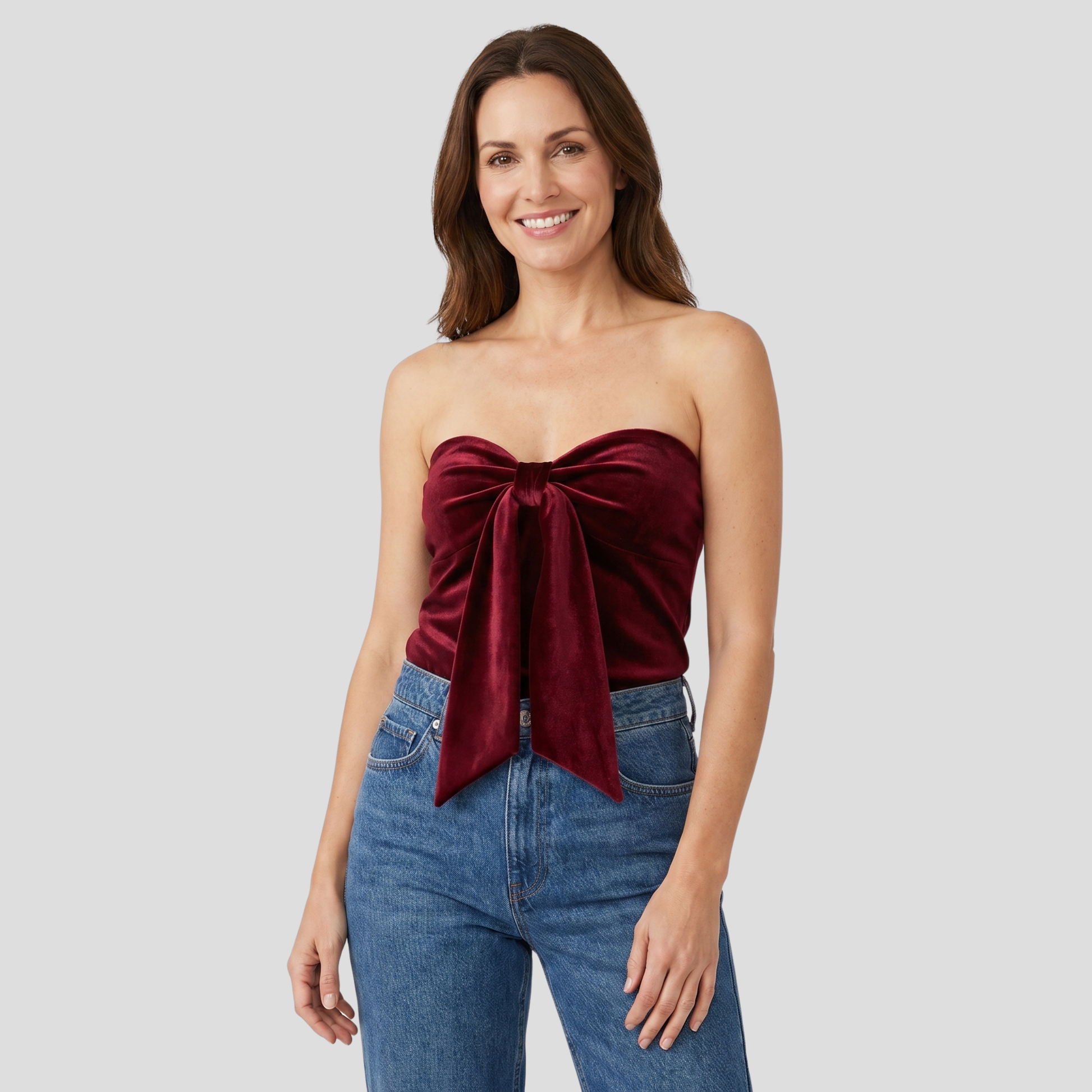 Red crop top with sweetheart neckline and front bow detail