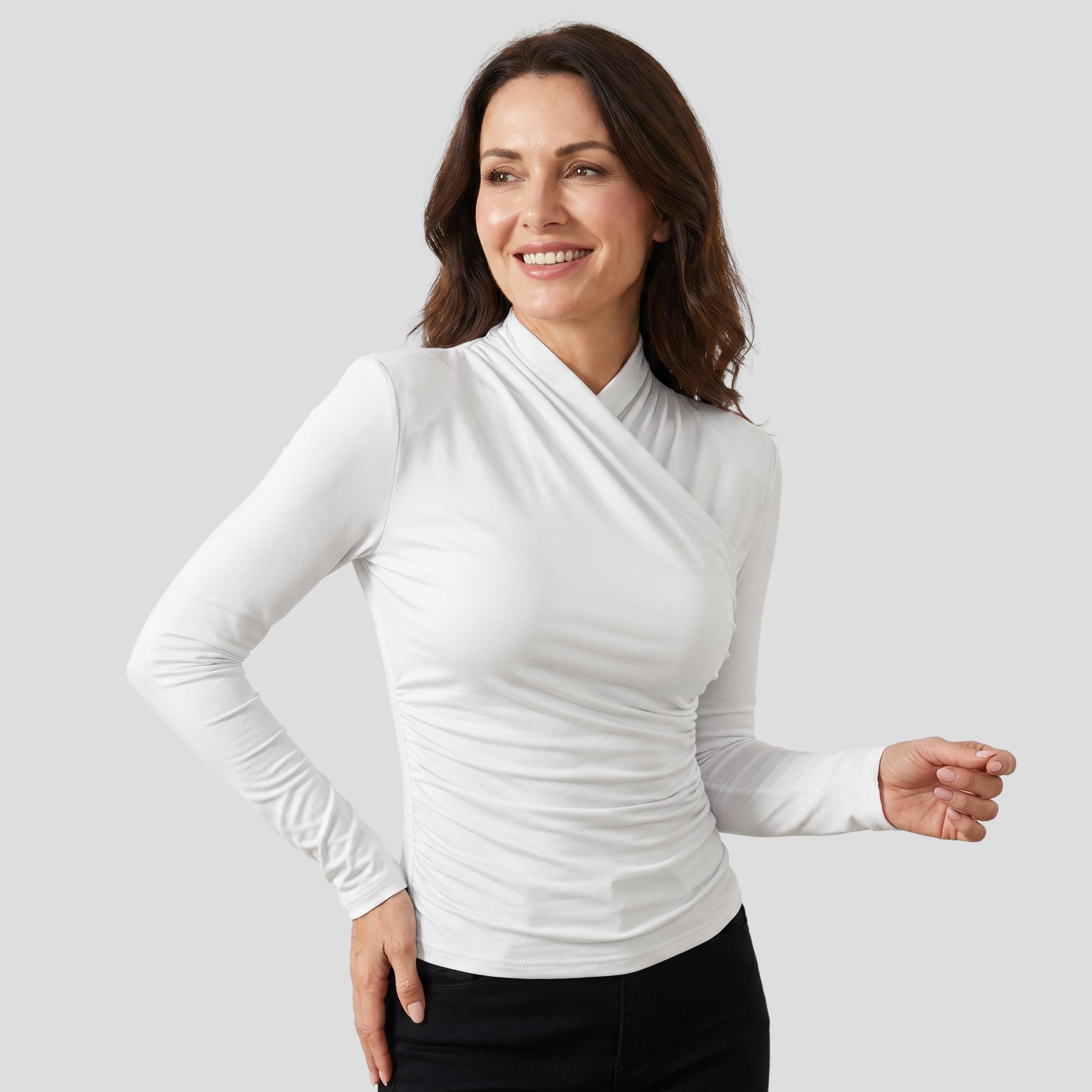 White women's cross-over wrap top with ruched waist detailing