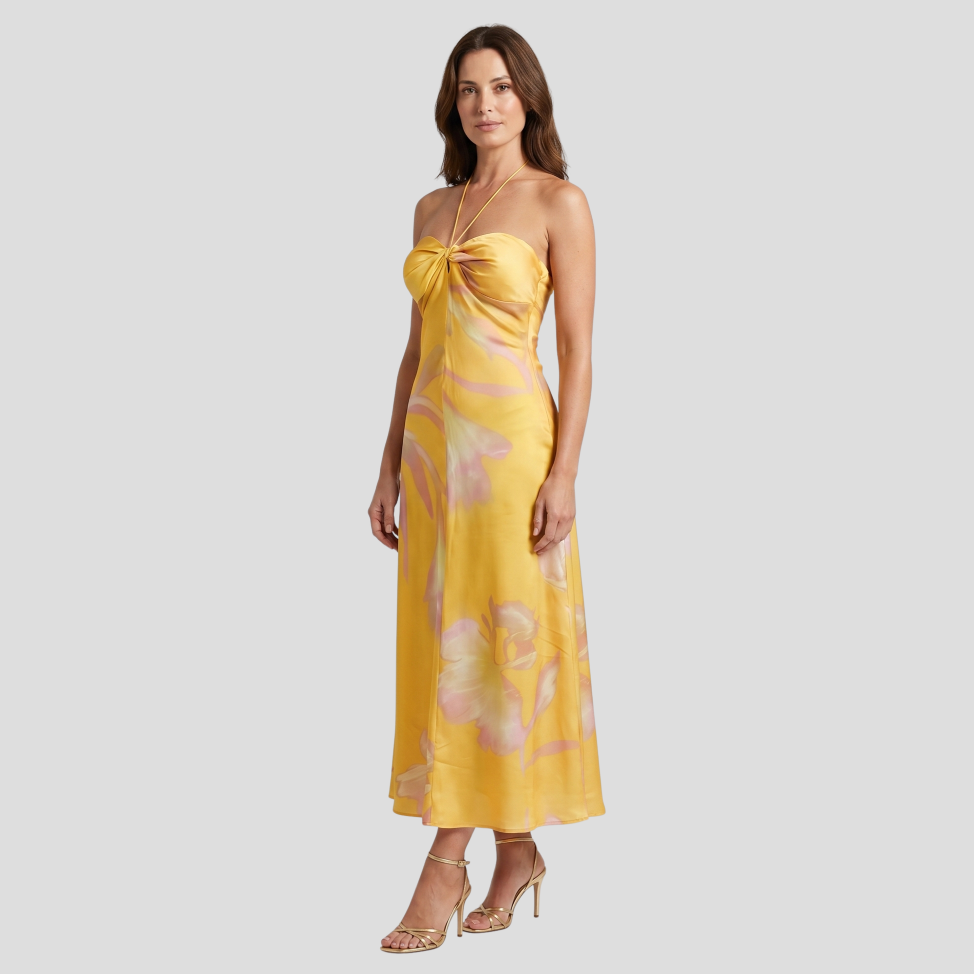 Yellow floor-length maxi dress with a sweetheart neckline for occasion wear
