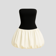 Black strapless mini dress with a structured bodice for occasion wear