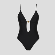 Women's one-piece swimsuit with gold ring detail, deep neckline and open-back design
