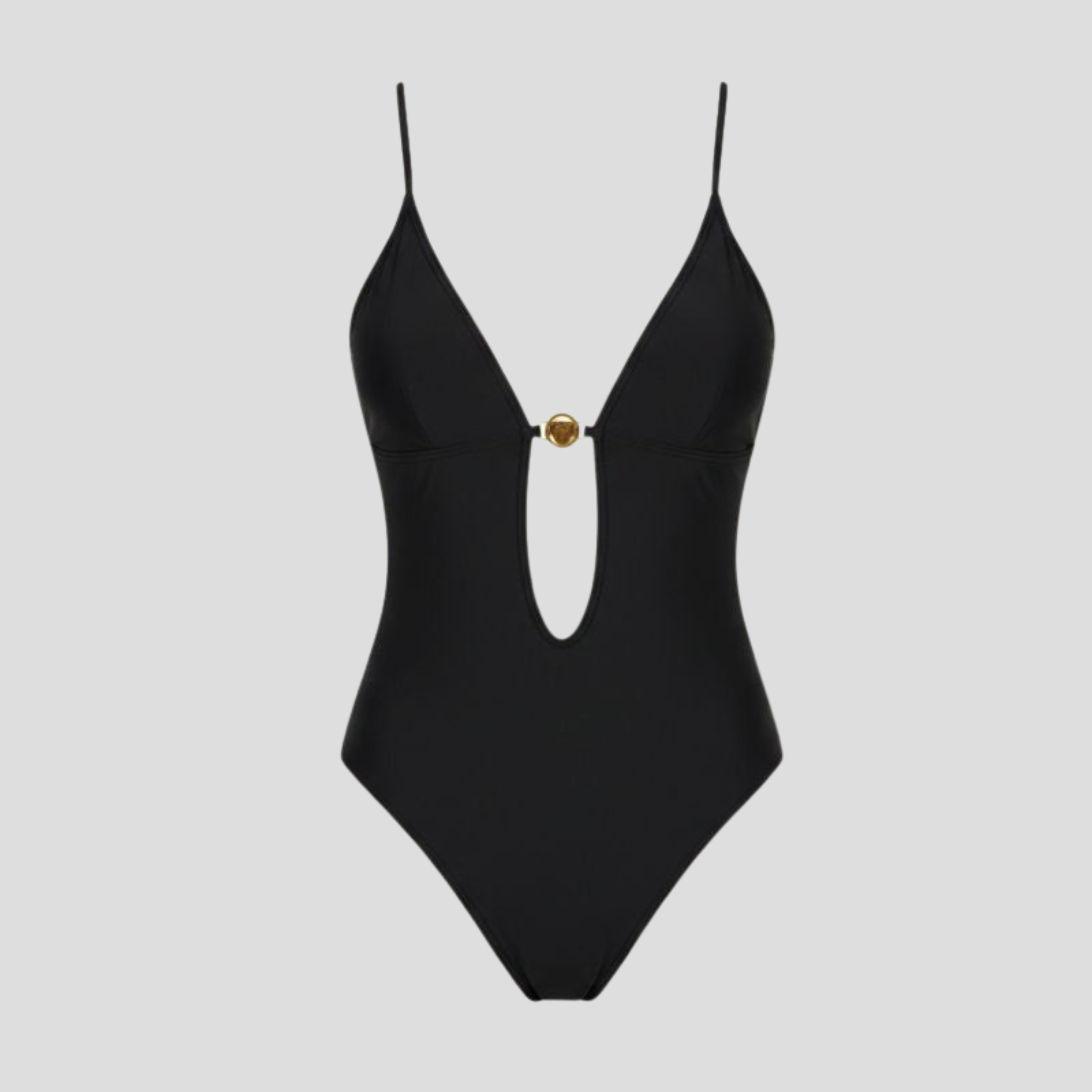 Women's one-piece swimsuit with gold ring detail, deep neckline and open-back design