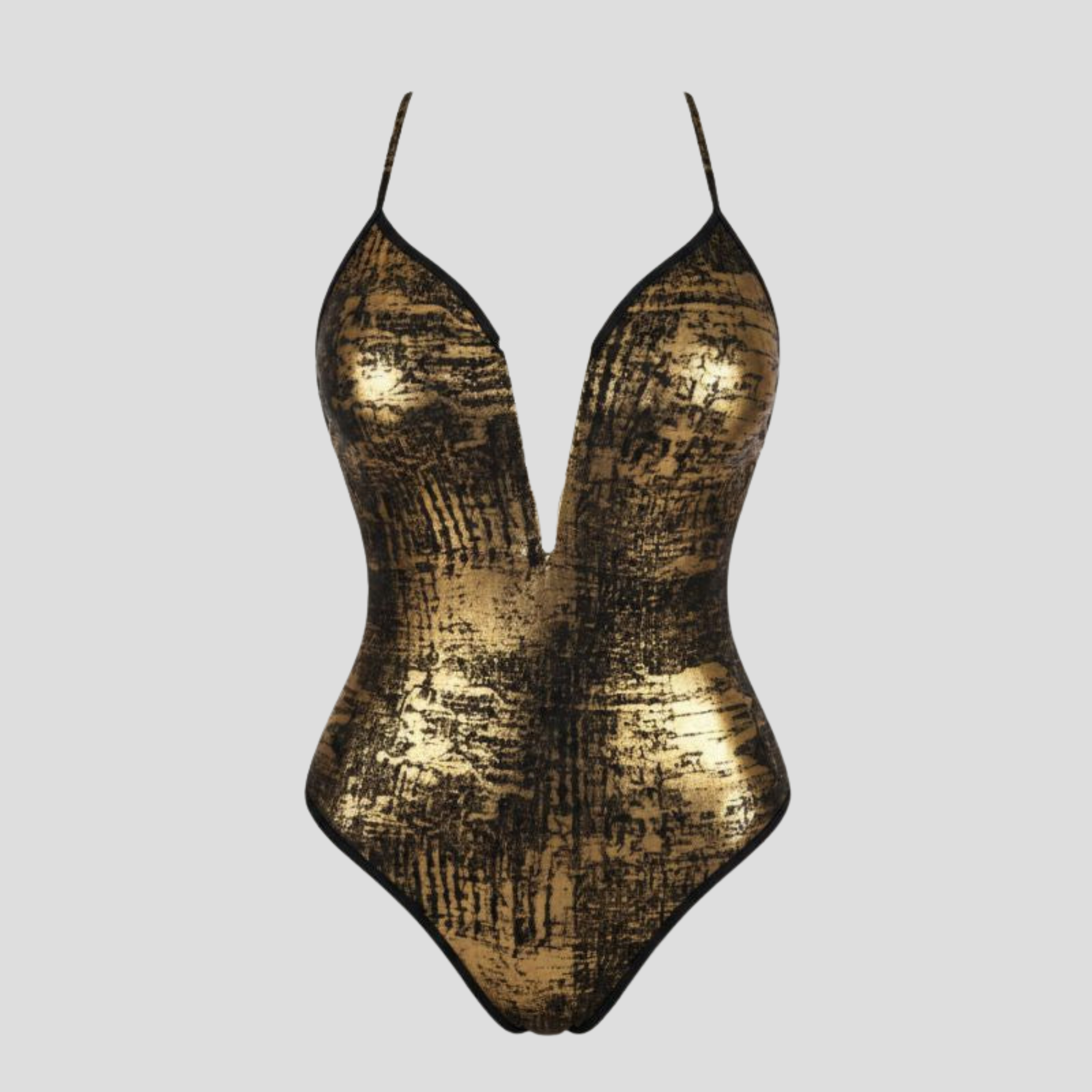 Multicolor metallic one-piece swimsuit with plunge neckline and crossover strap back