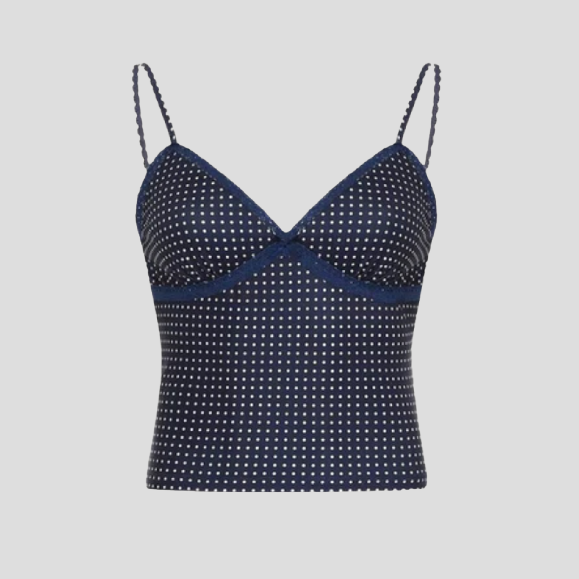 Blue polka dot crop top with delicate lace edge detailing and contoured fit