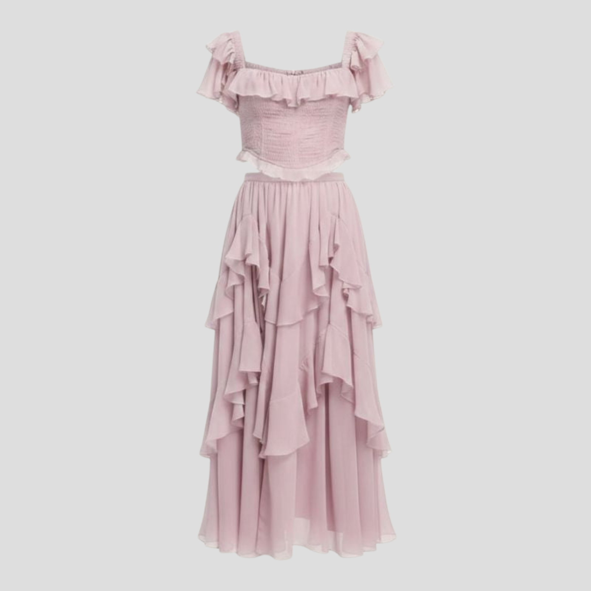 Women's pink two-piece set with corset-style ruffle top and tiered midi skirt