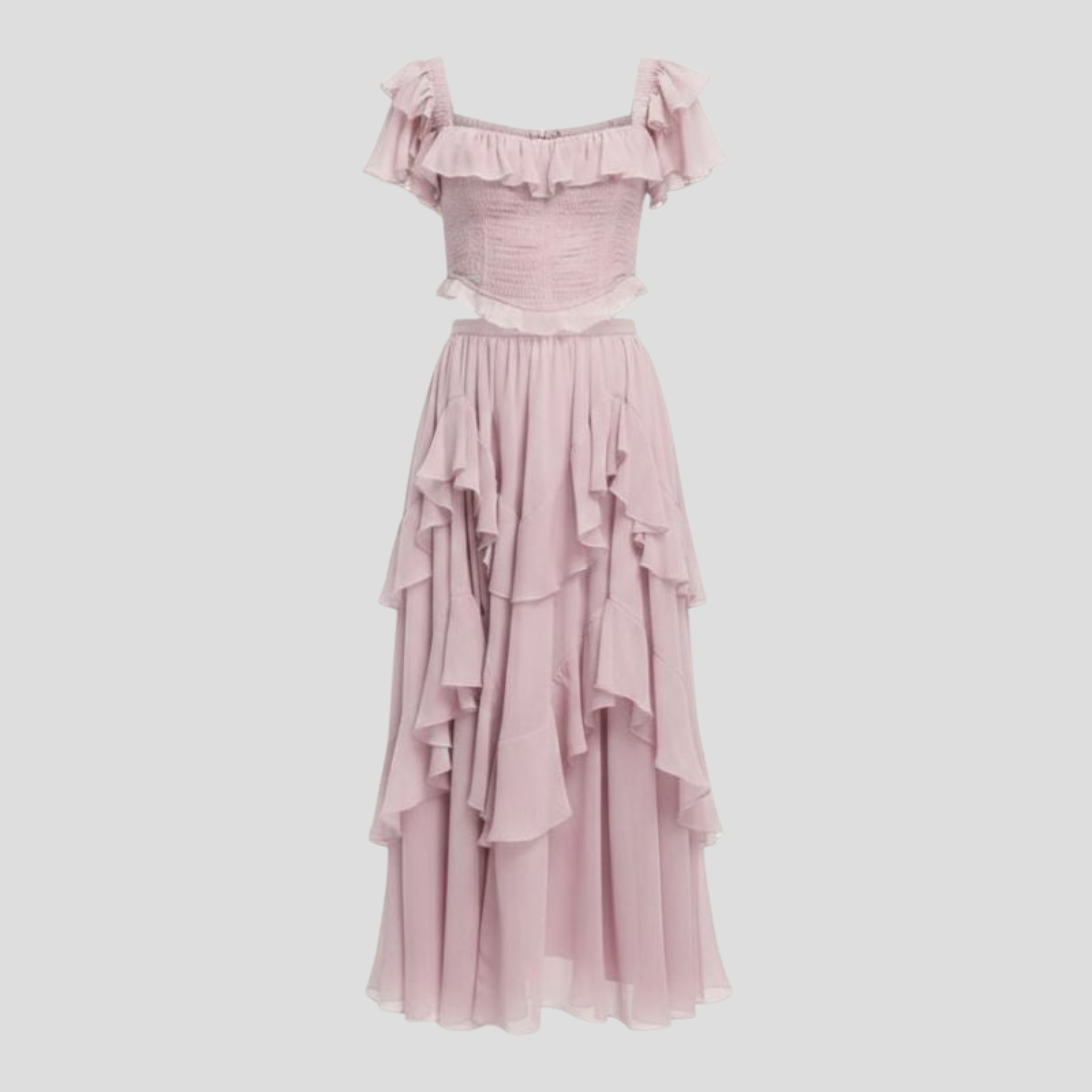 Women's pink two-piece set with corset-style ruffle top and tiered midi skirt