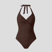 Women's halter neckline one-piece swimsuit with side ruching and twisted bust detail
