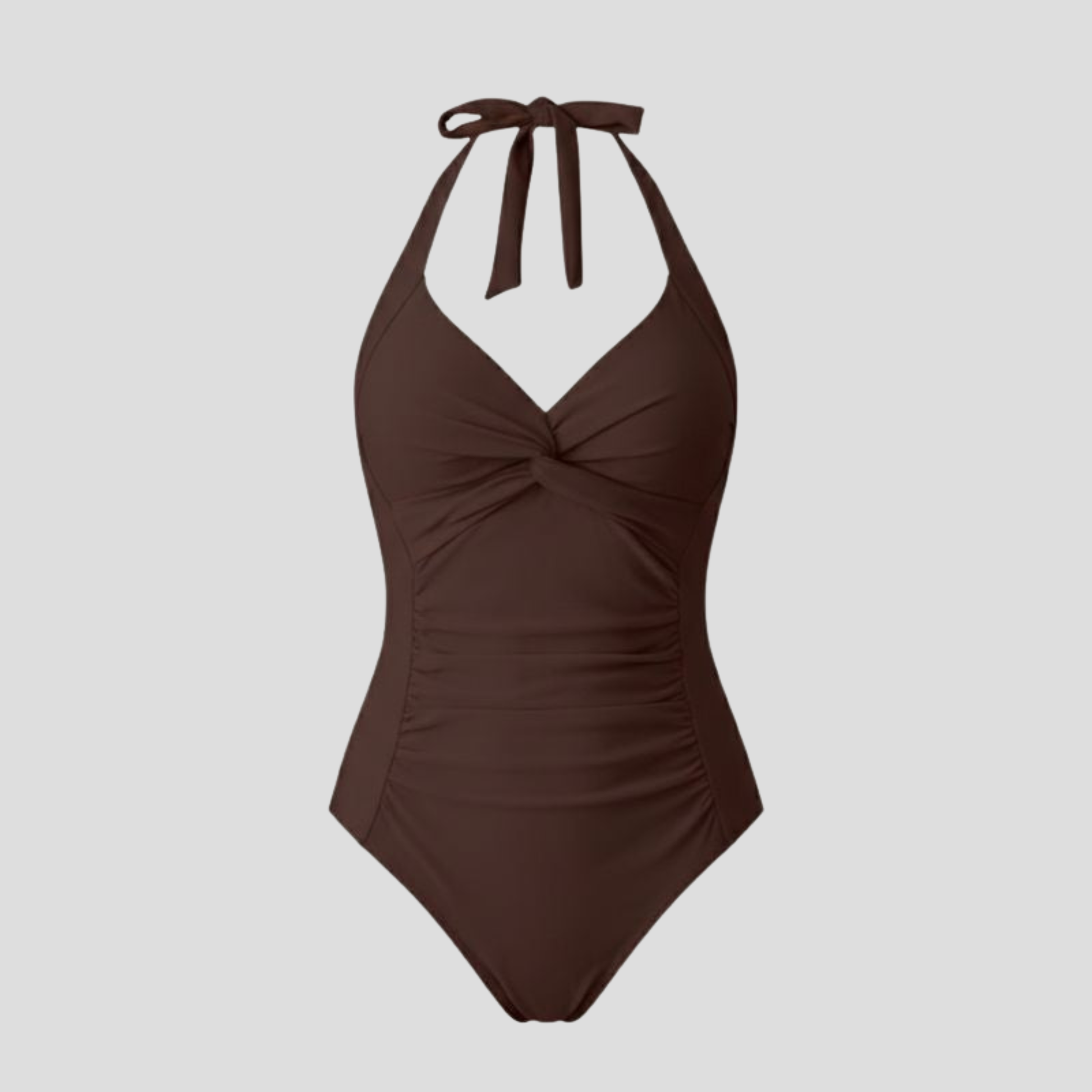 Women's halter neckline one-piece swimsuit with side ruching and twisted bust detail