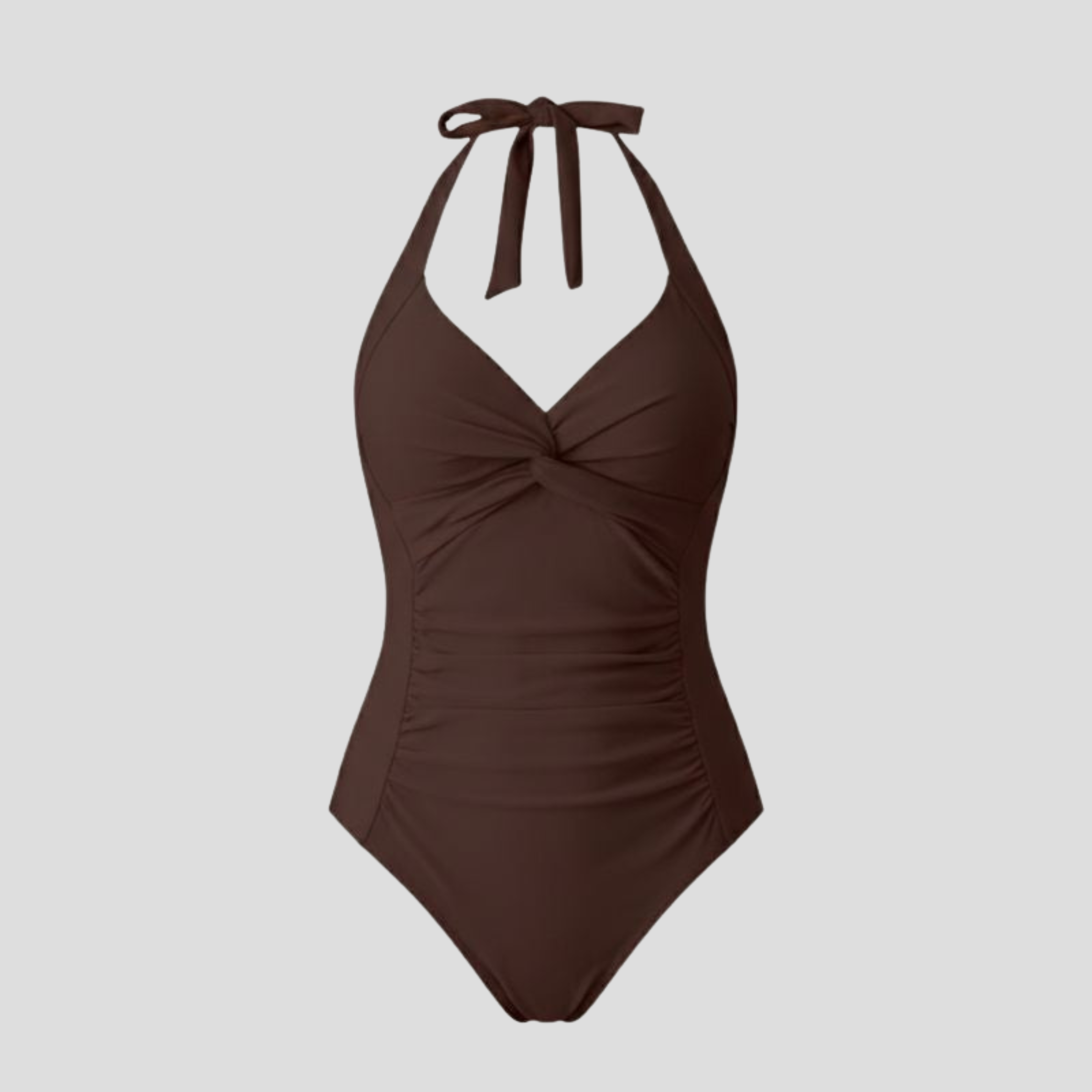 Women's halter neckline one-piece swimsuit with side ruching and twisted bust detail