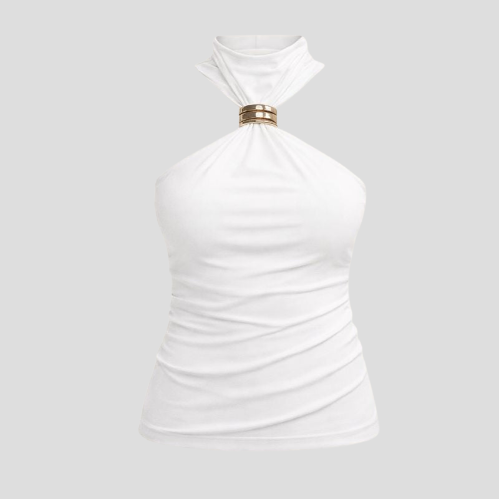 Black women's halter top with high neckline and gold ring detail